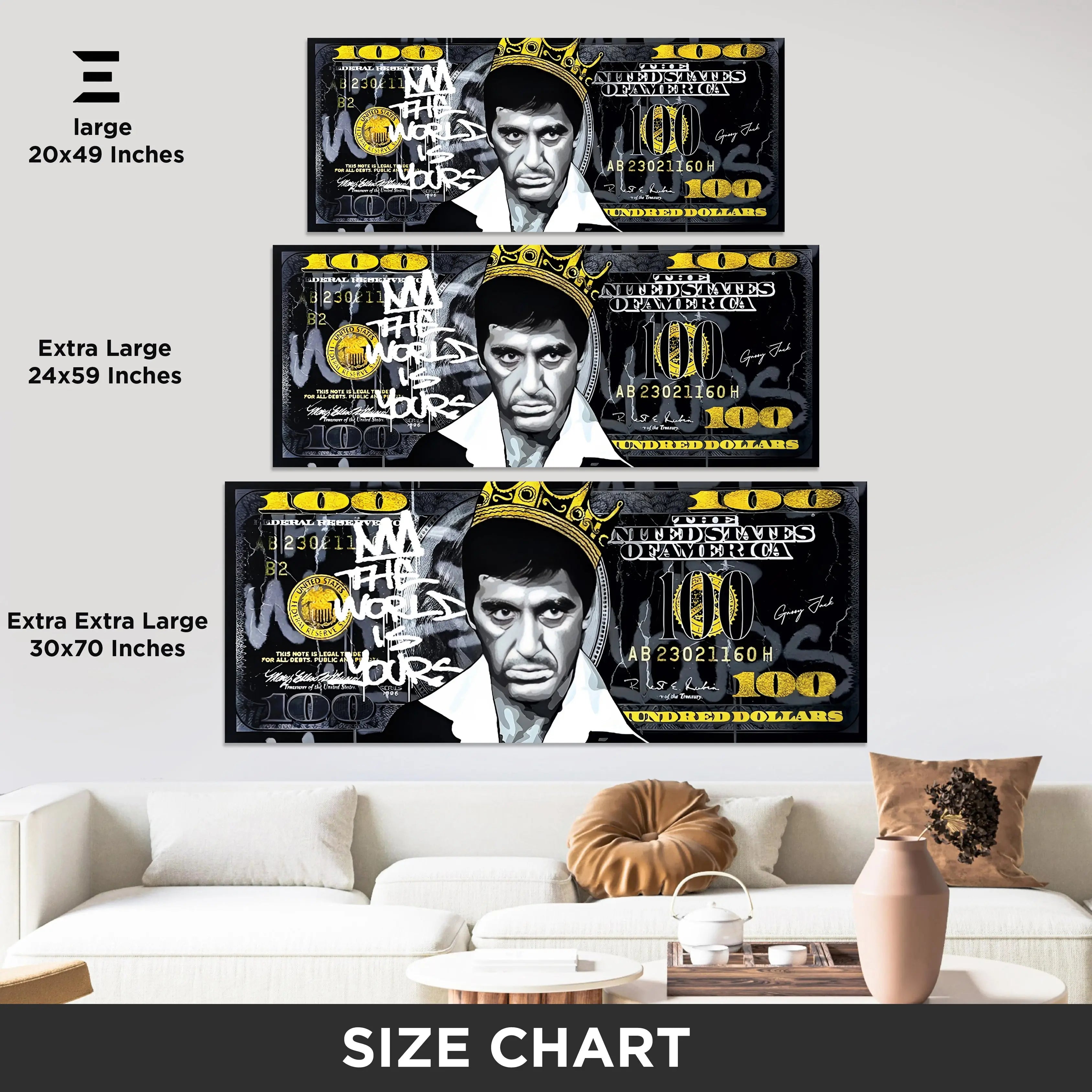 Ultra Wide Wall Art – Scarface “The World Is Yours” Dollar Edition | IBRELIA™ IBRELIA