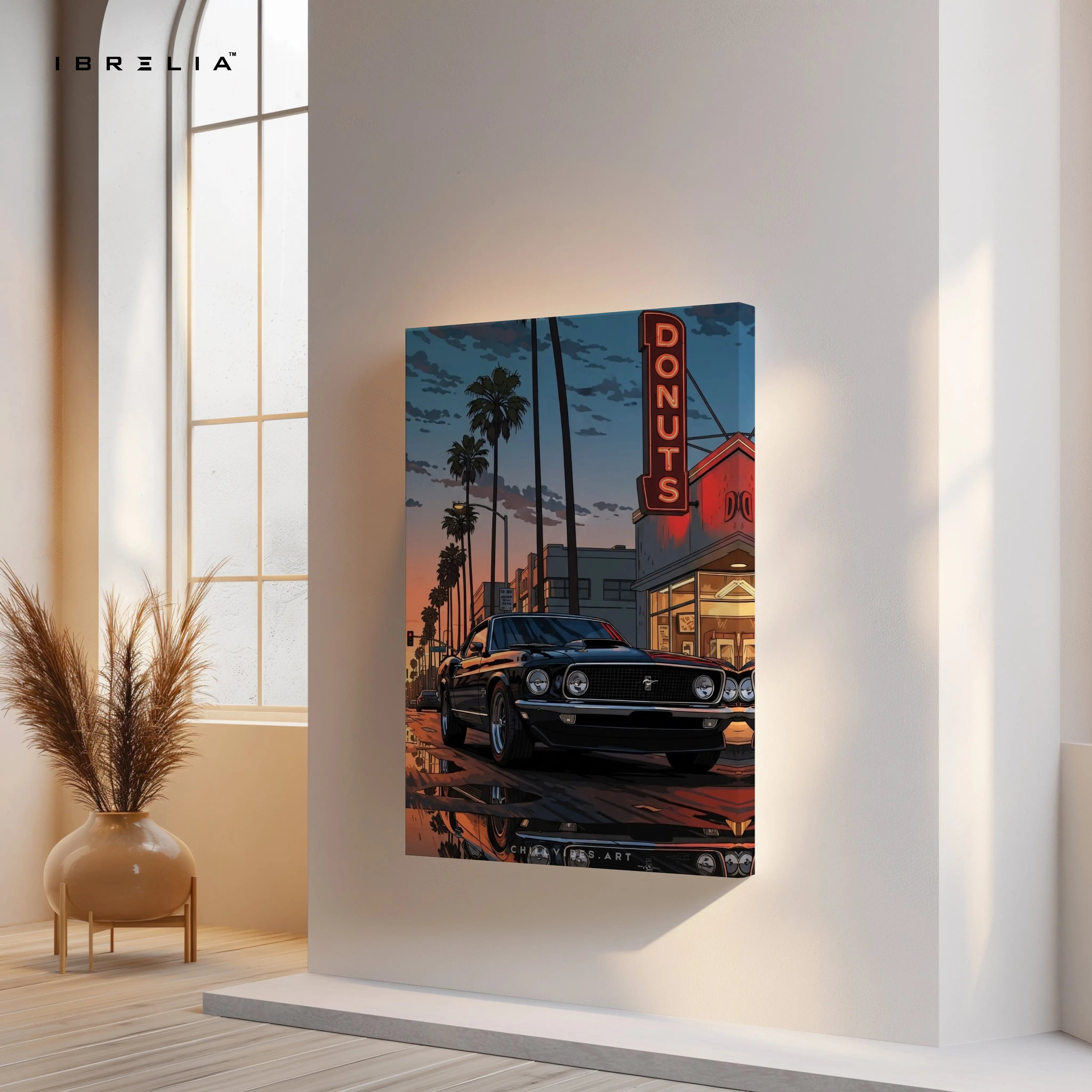 Sunset Drive Donut Stop – Retro Muscle Car Noir Art | 4K Ultra Wrap Frame Wall Art in Pakistan | IBRELIA™ IBRELIA