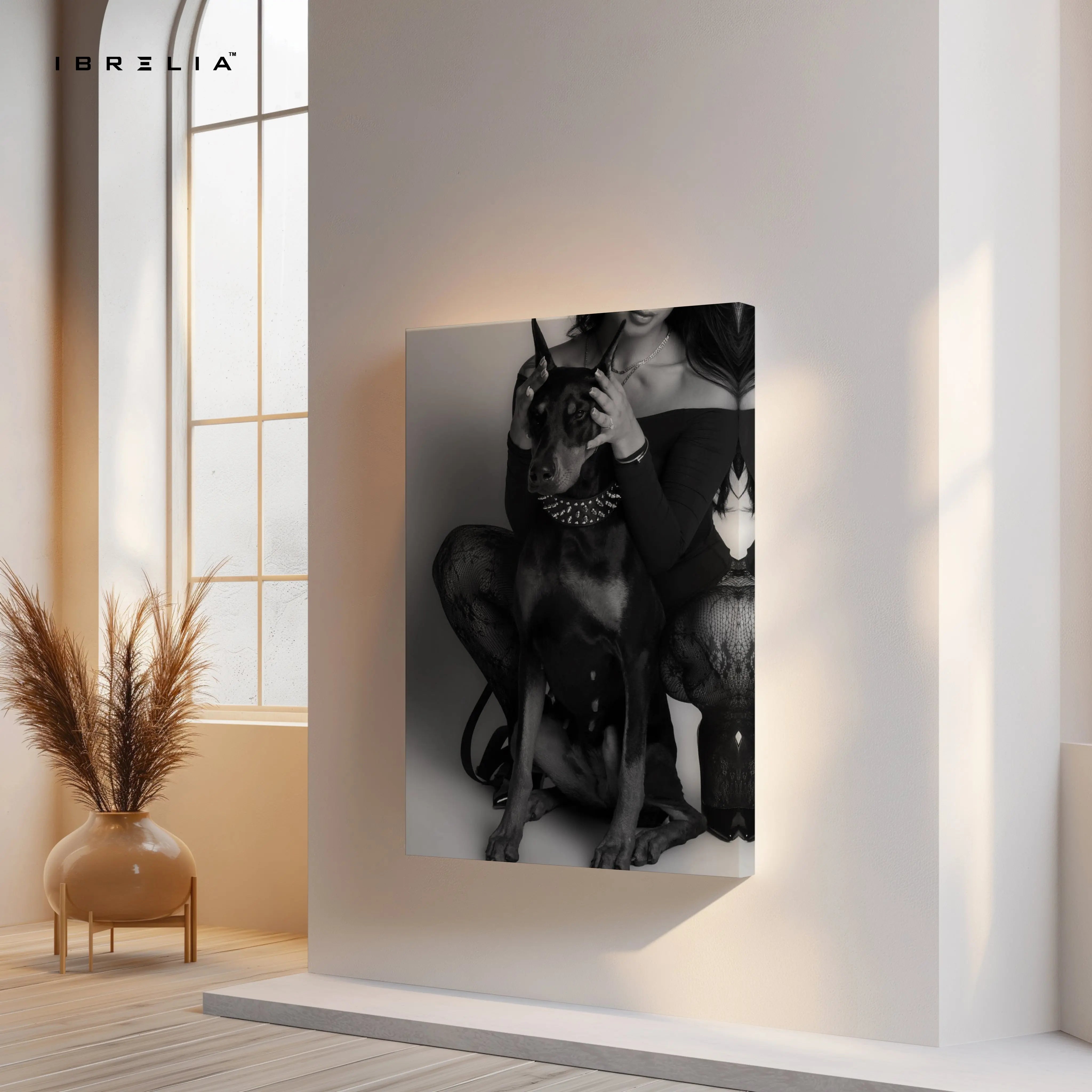 Elegant Doberman with Owner – Black & White Luxury 4K Ultra Wrap Frame Wall Art in Pakistan | IBRELIA™ IBRELIA