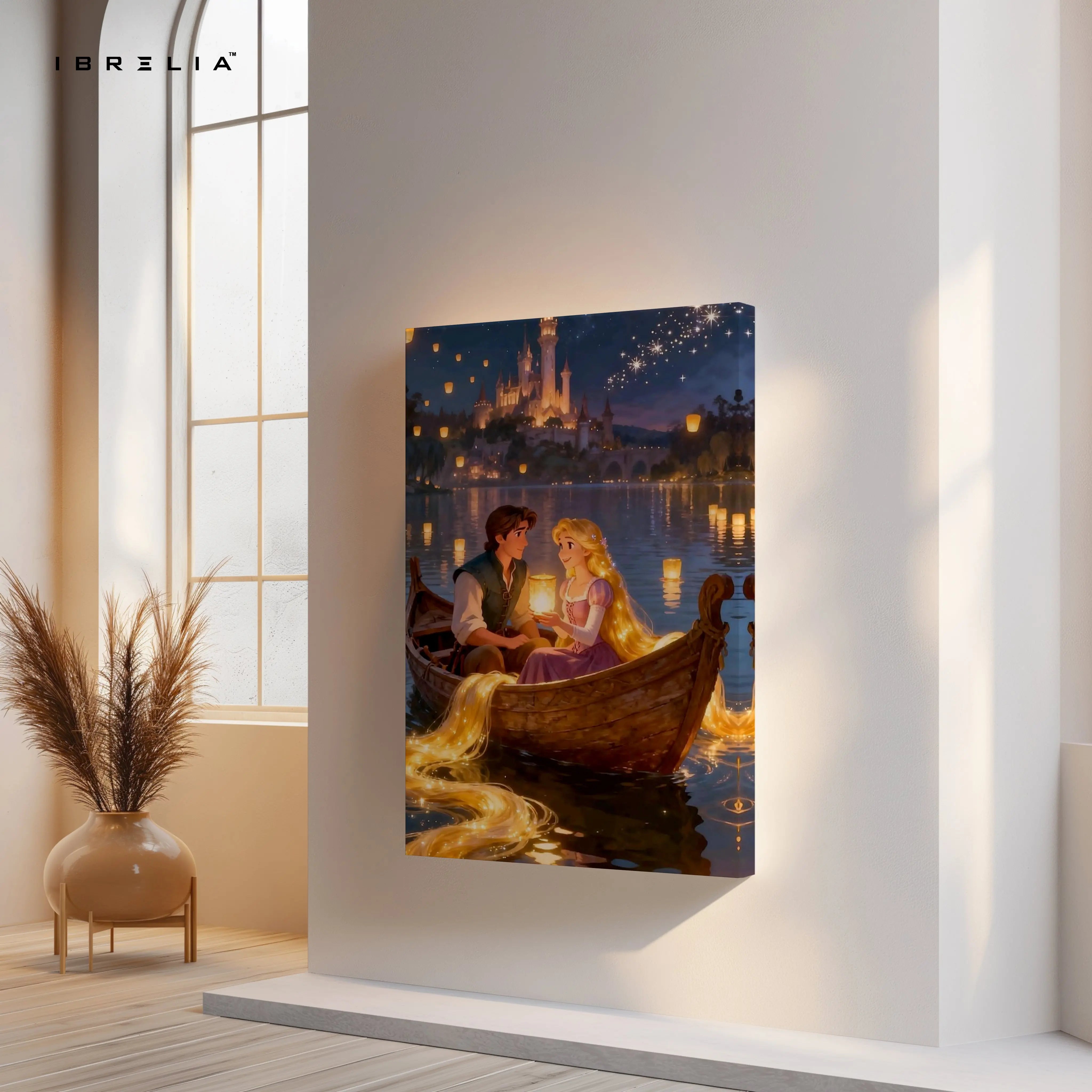 Rapunzel Lantern Boat Romance Wall Art – Fairytale Love Canvas Frame | Magical Couple Decor Pakistan | IBRELIA™ IBRELIA