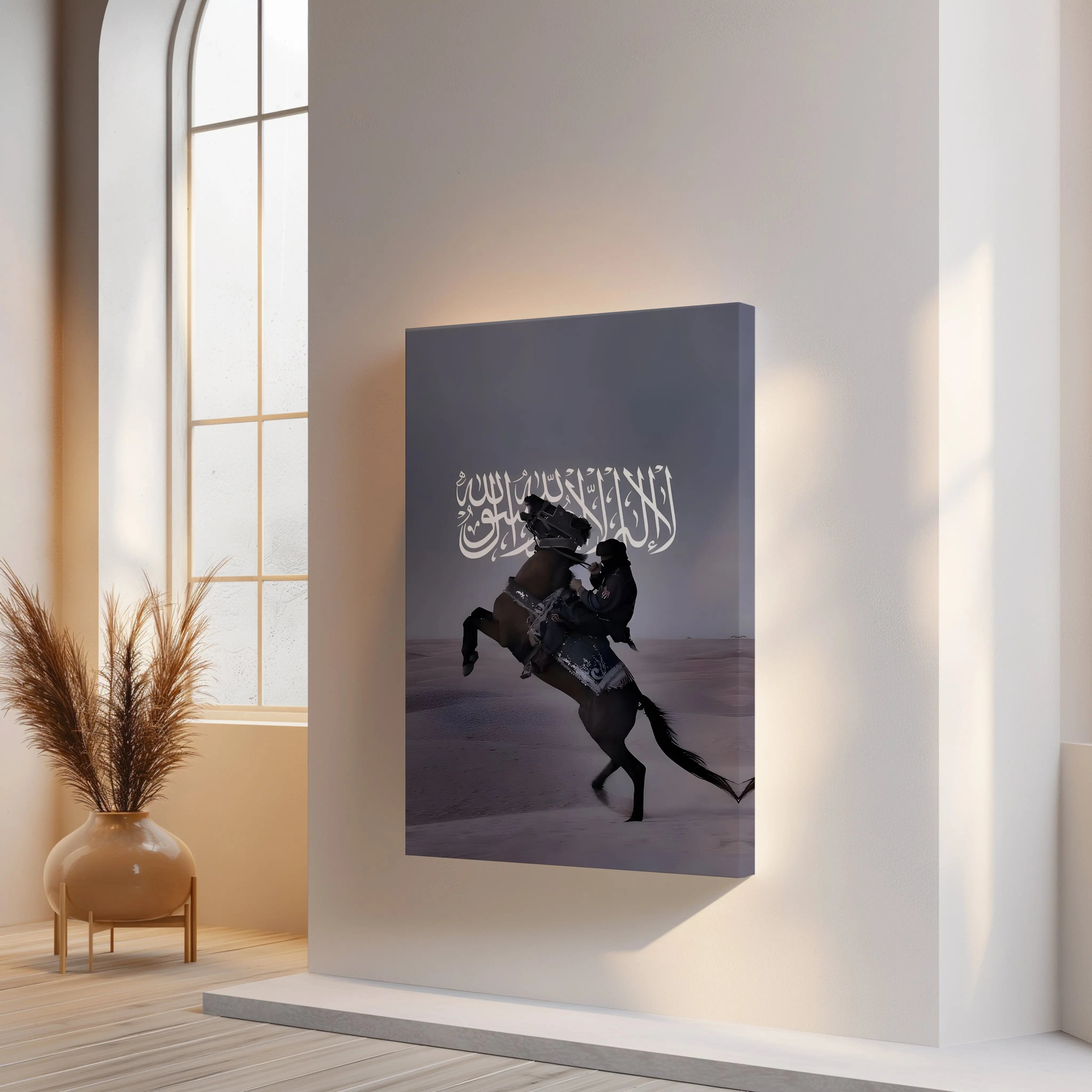 Shahada Desert Warrior Art – Islamic Calligraphy Horse Wall Art | 4K Ultra Wrap Frame Wall Art in Pakistan | IBRELIA™ IBRELIA