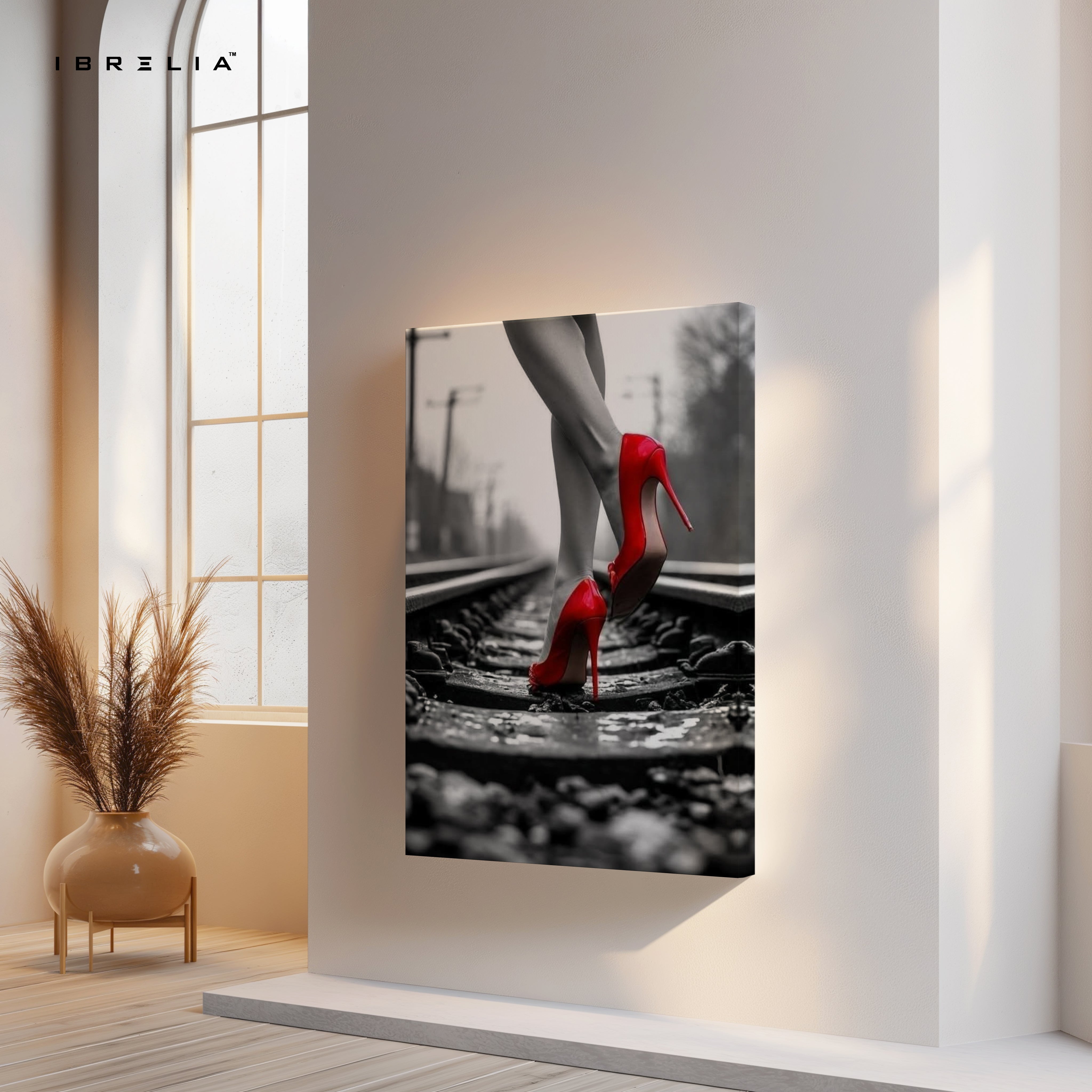 Red Heels on Railway Noir Art – 4K Ultra Wrap Frame Wall Art in Pakistan | IBRELIA™