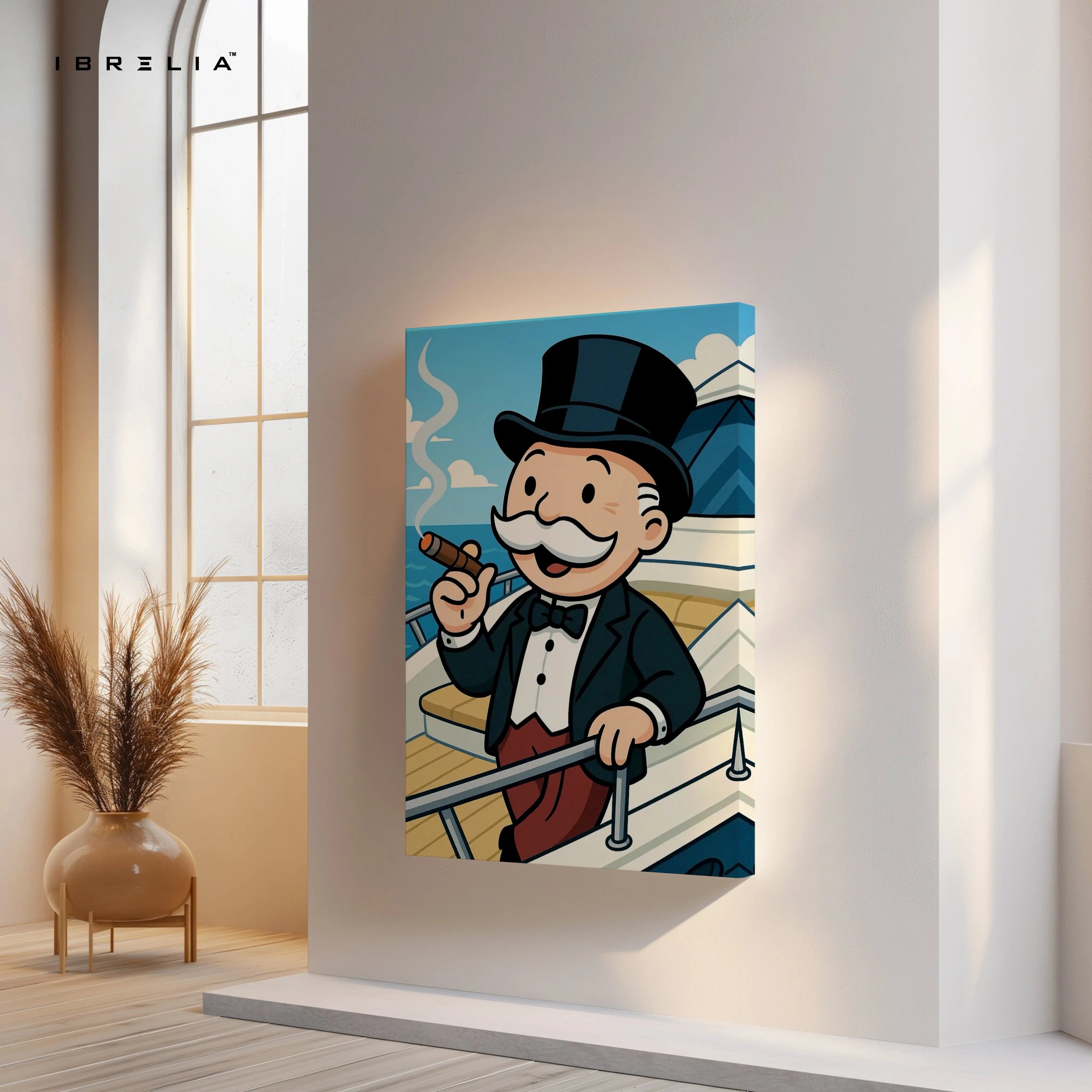 Classic Gentleman Voyage – Cartoon Tycoon Yacht Art | 4K Ultra Wrap Frame Wall Art in Pakistan | IBRELIA™ IBRELIA