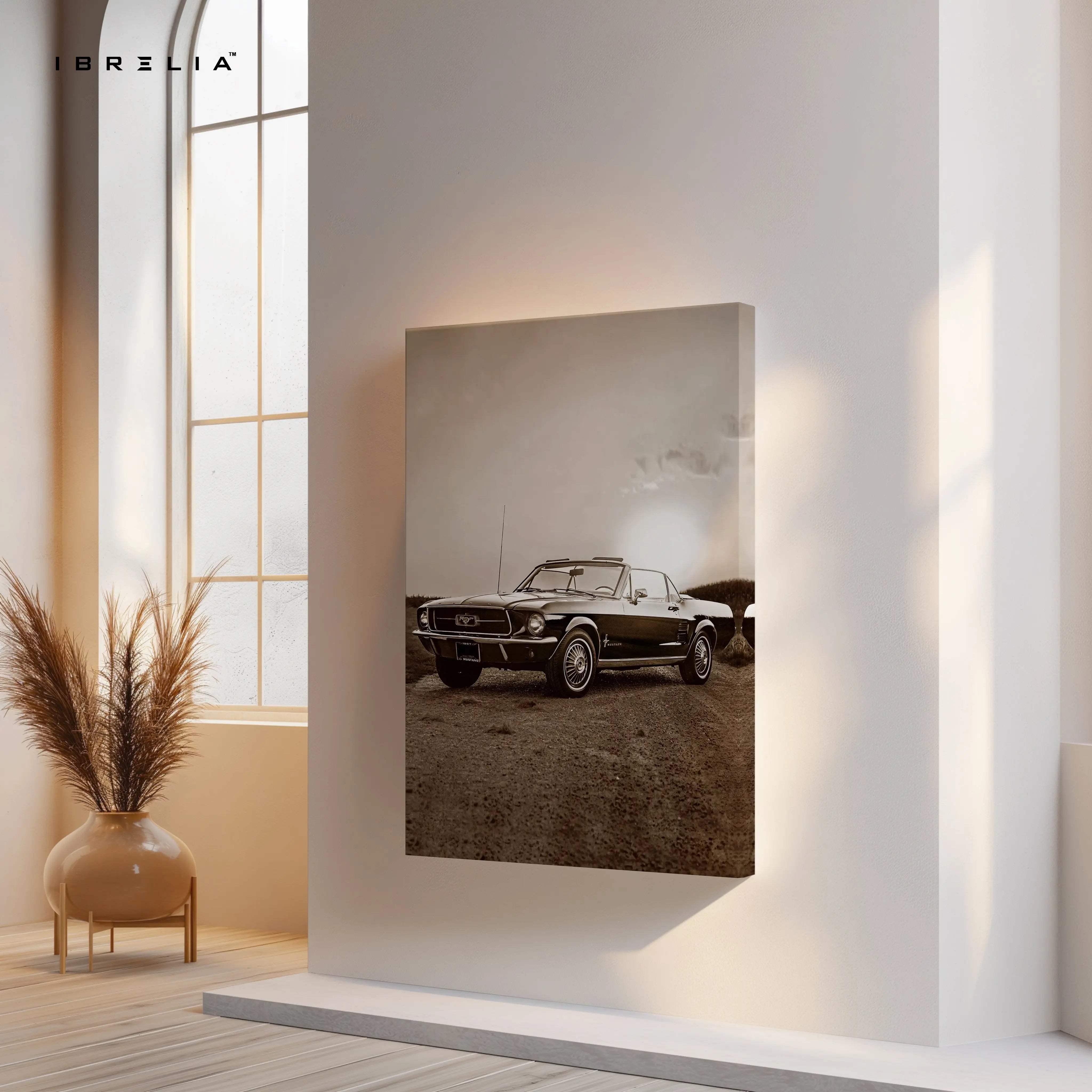 Vintage Ford Mustang Convertible Wall Art – Classic Muscle Car Poster | Retro Sepia Car Wall Frame in Pakistan | IBRELIA™ IBRELIA