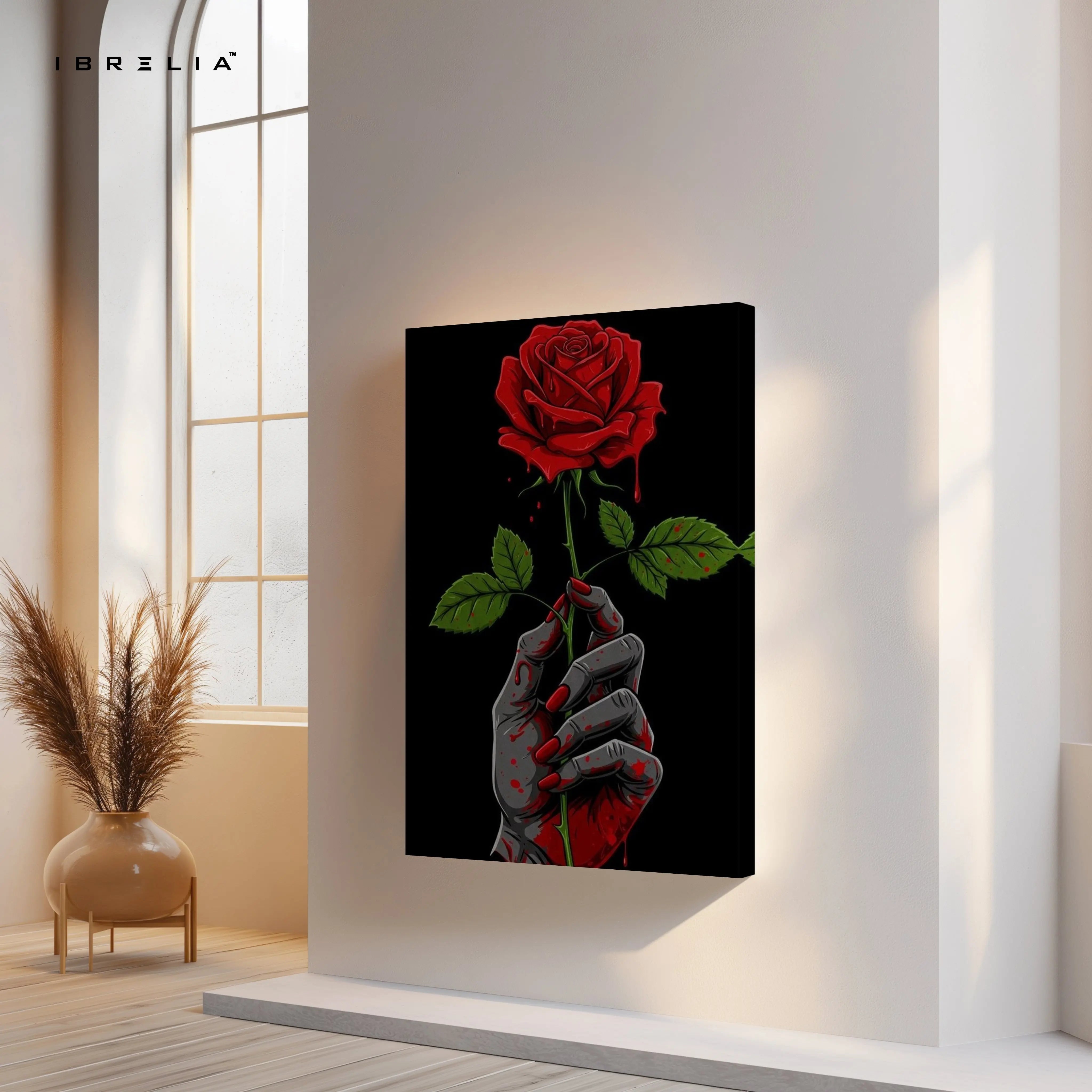 Crimson Bloom Hand – Dark Symbolic Rose Art | 4K Ultra Wrap Frame Wall Art in Pakistan | IBRELIA™ IBRELIA