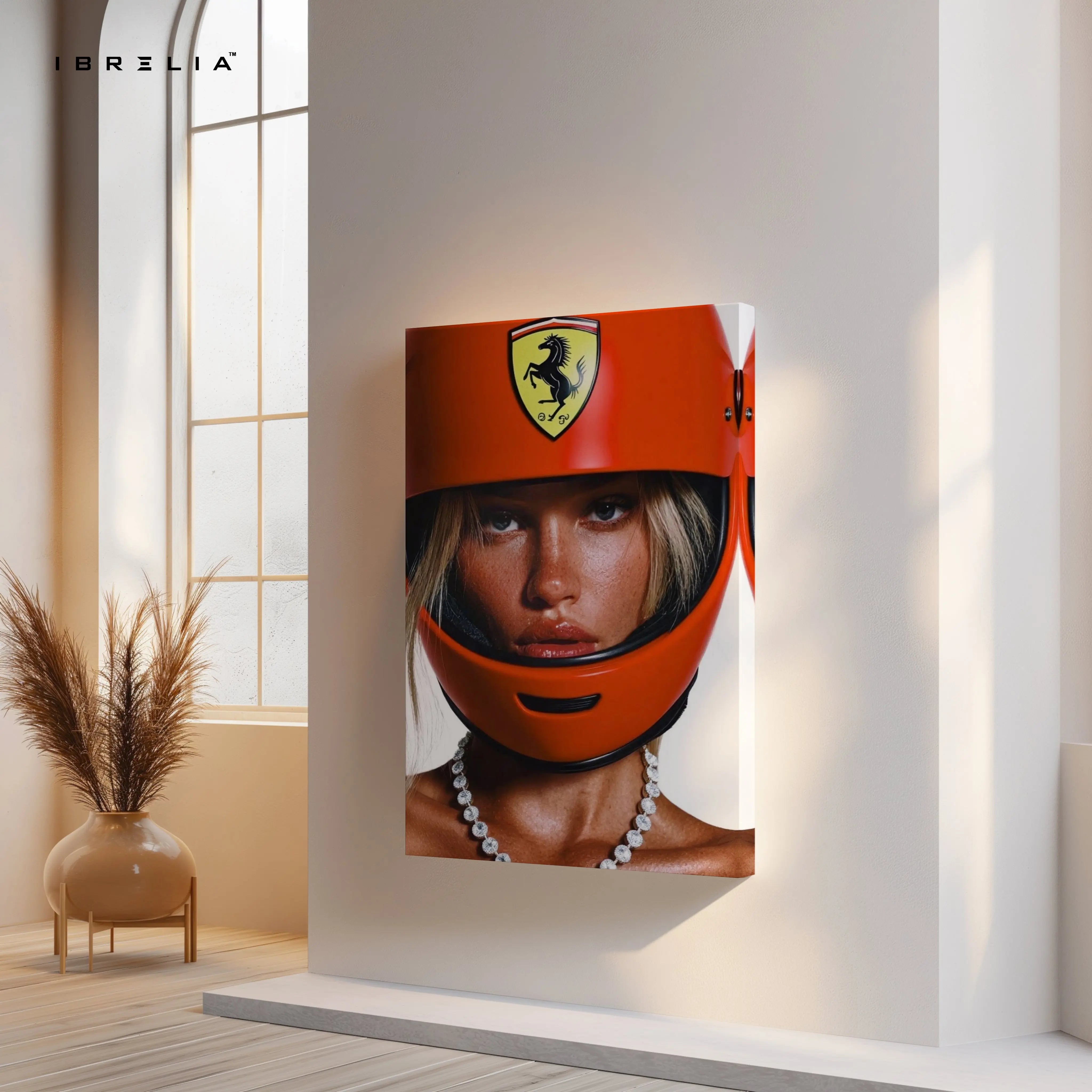 Ferrari Helmet Aesthetic Wall Art – Luxury Racing Canvas Frame Pakistan | Motorsport Fashion Poster | IBRELIA™ IBRELIA