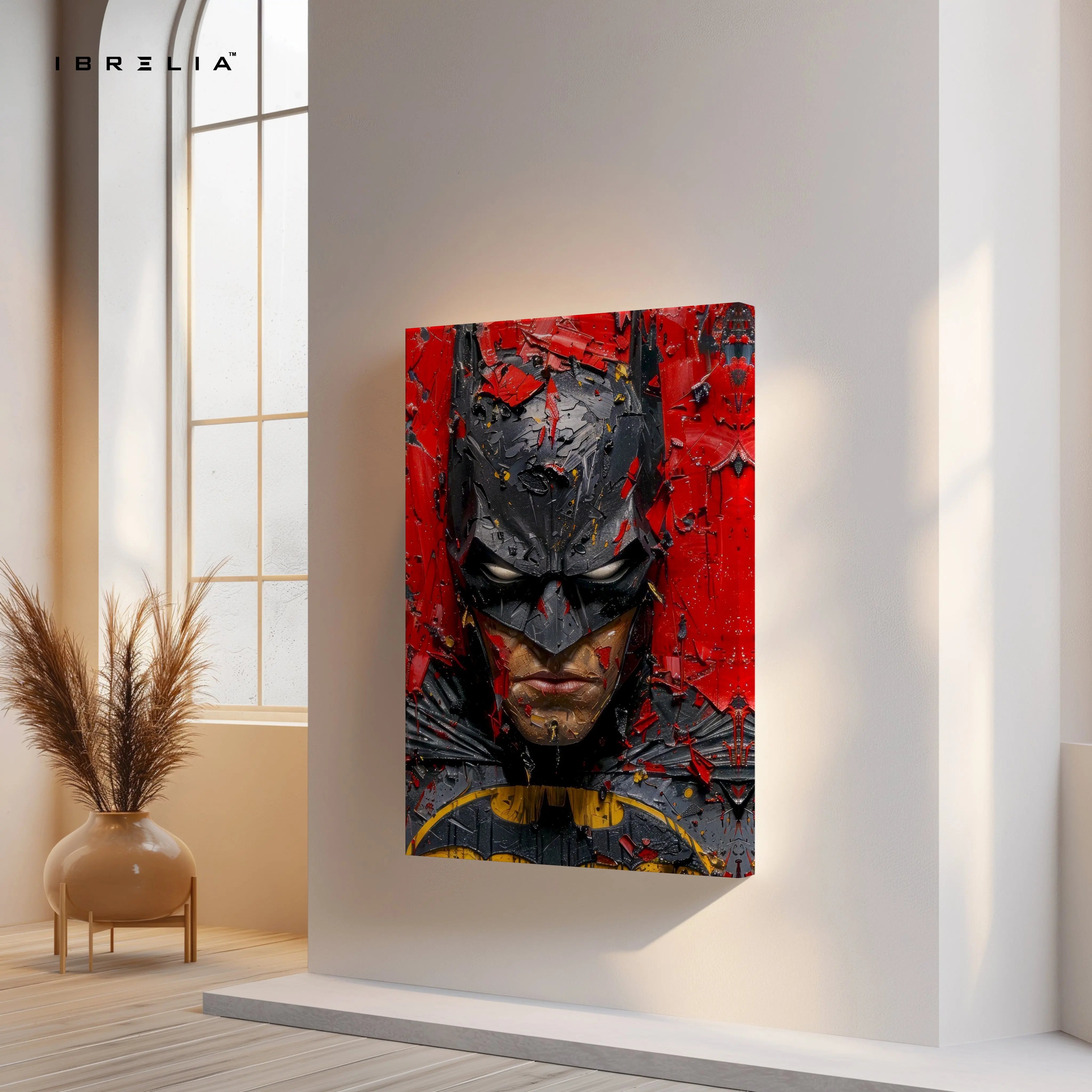 Batman Dark Knight Wall Art – Gritty Superhero Canvas Frame | Red Black Cinematic Poster Pakistan | IBRELIA™ IBRELIA