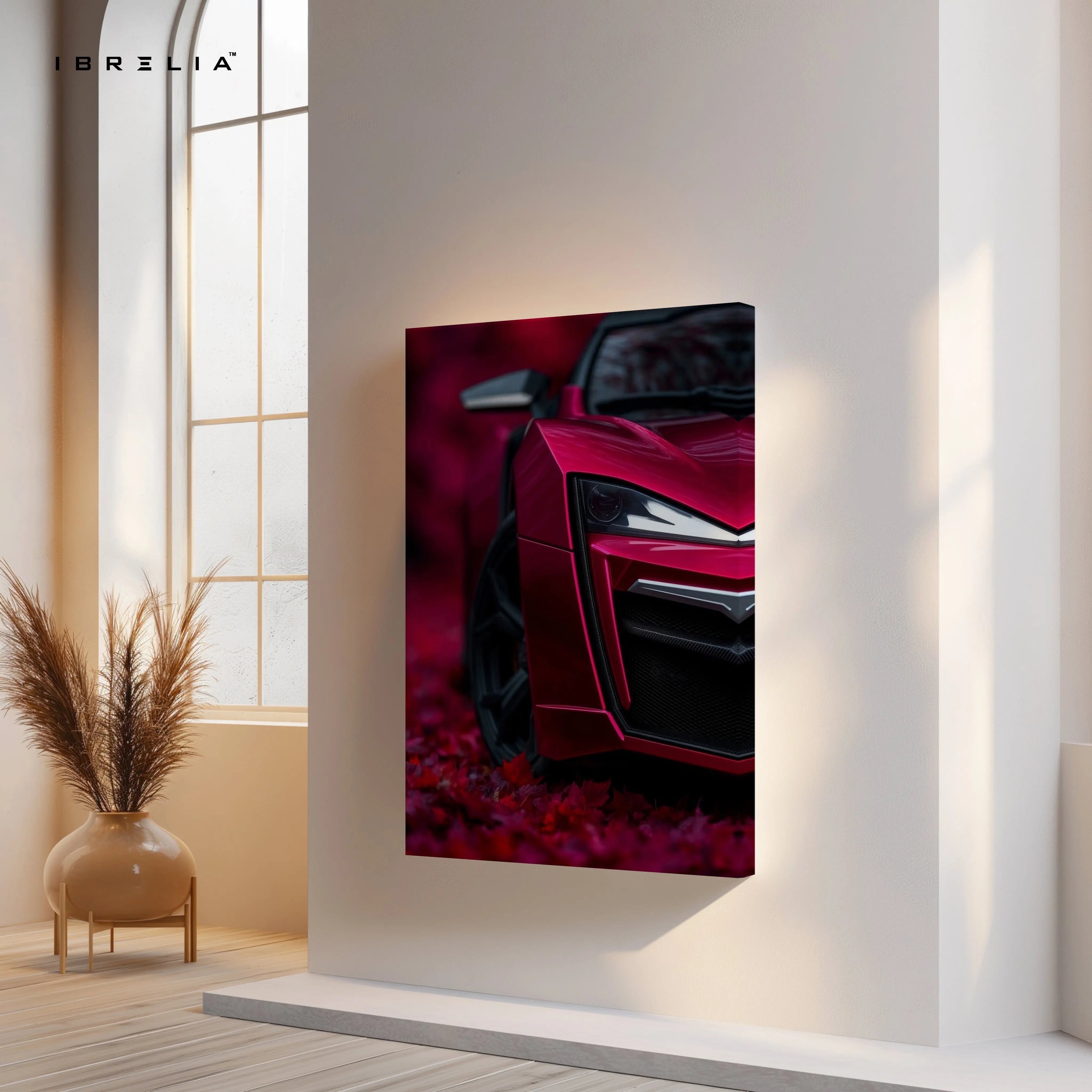 Crimson Supercar Headlight Close-Up – 4K Ultra Wrap Frame Wall Art in Pakistan | IBRELIA™ IBRELIA
