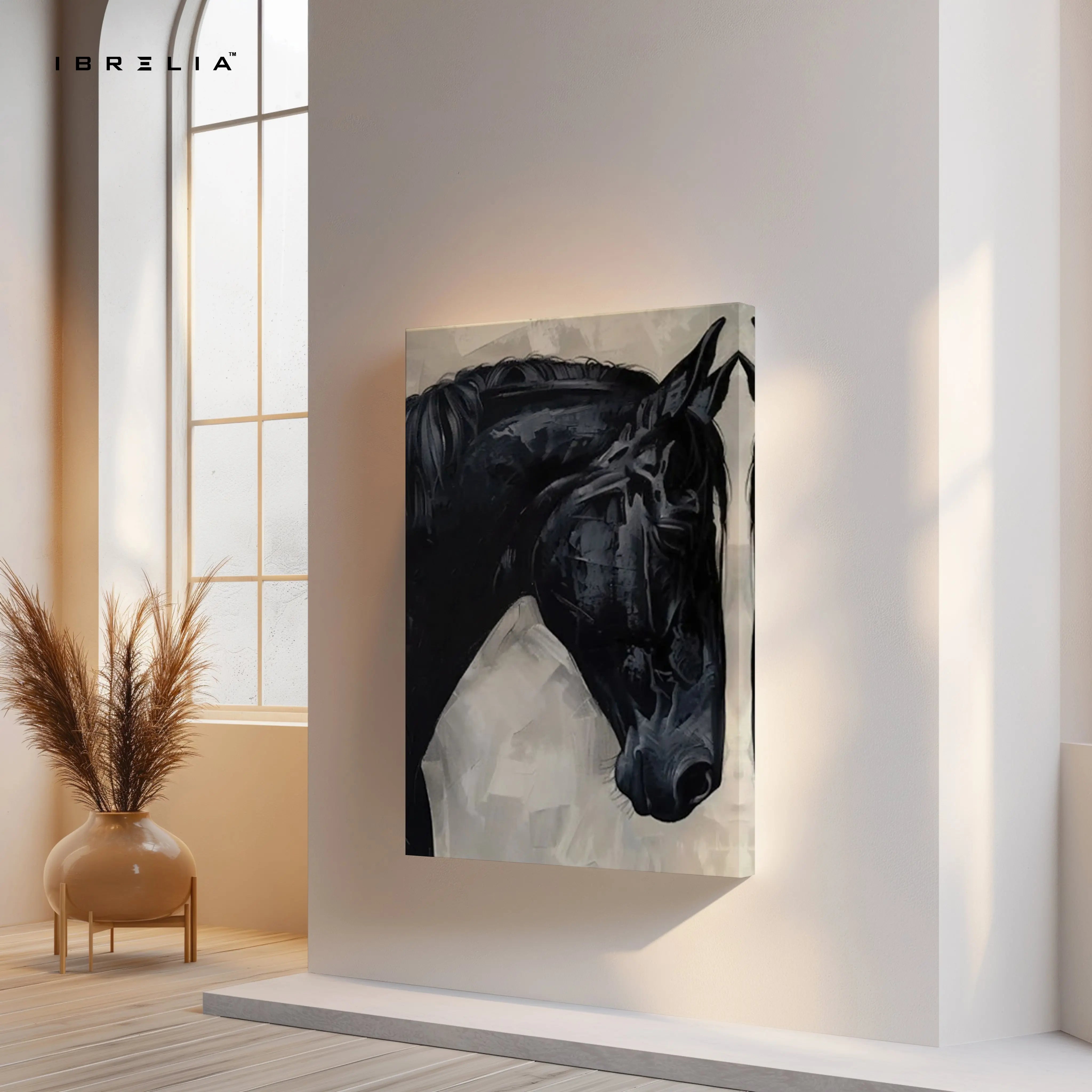 Black Stallion Abstract Art – Minimal Horse Portrait Luxury Wall Art | 4K Ultra Wrap Frame Wall Art in Pakistan | IBRELIA™ IBRELIA