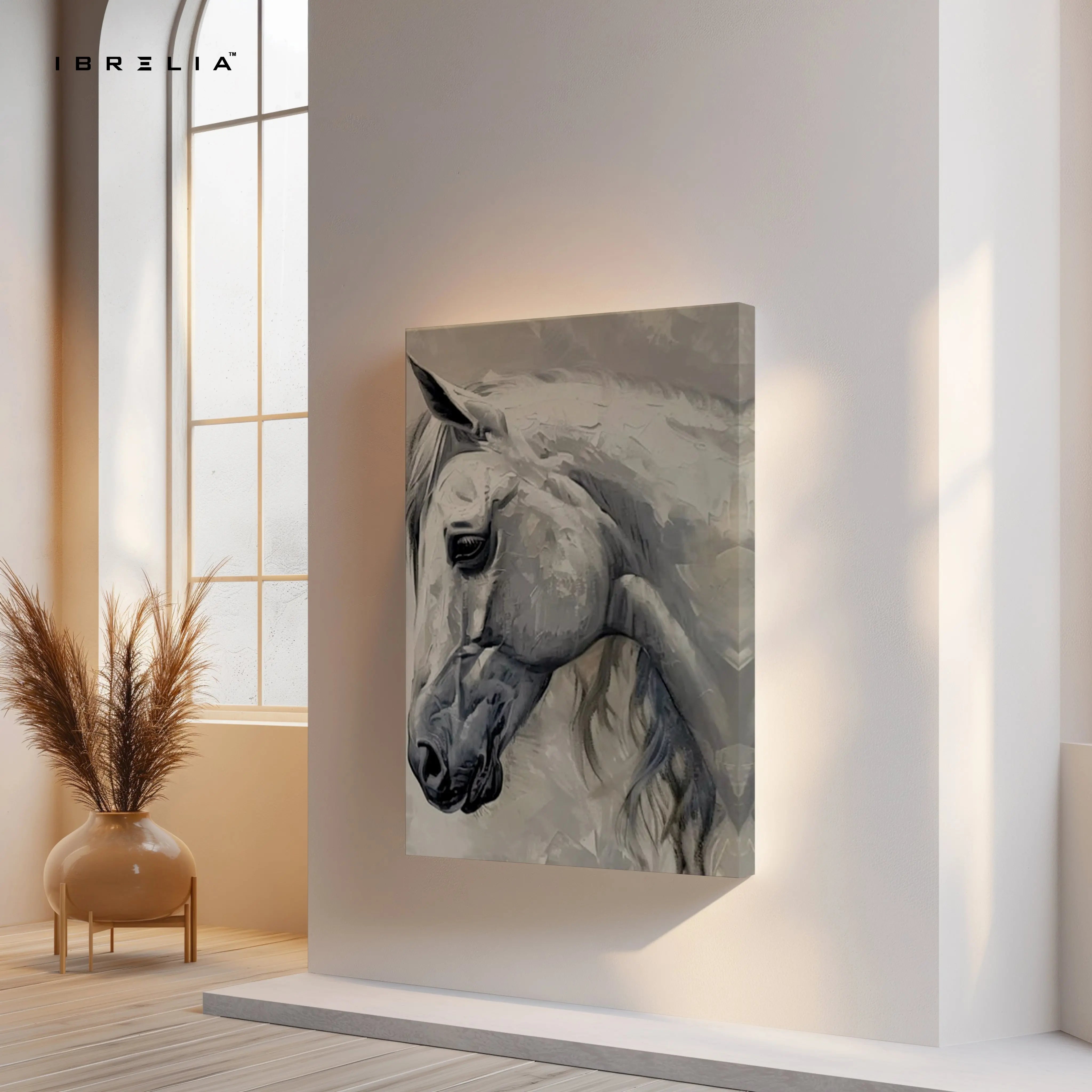 White Stallion Grace Art – Minimal Neutral Horse Portrait Wall Art | 4K Ultra Wrap Frame Wall Art in Pakistan | IBRELIA™ IBRELIA