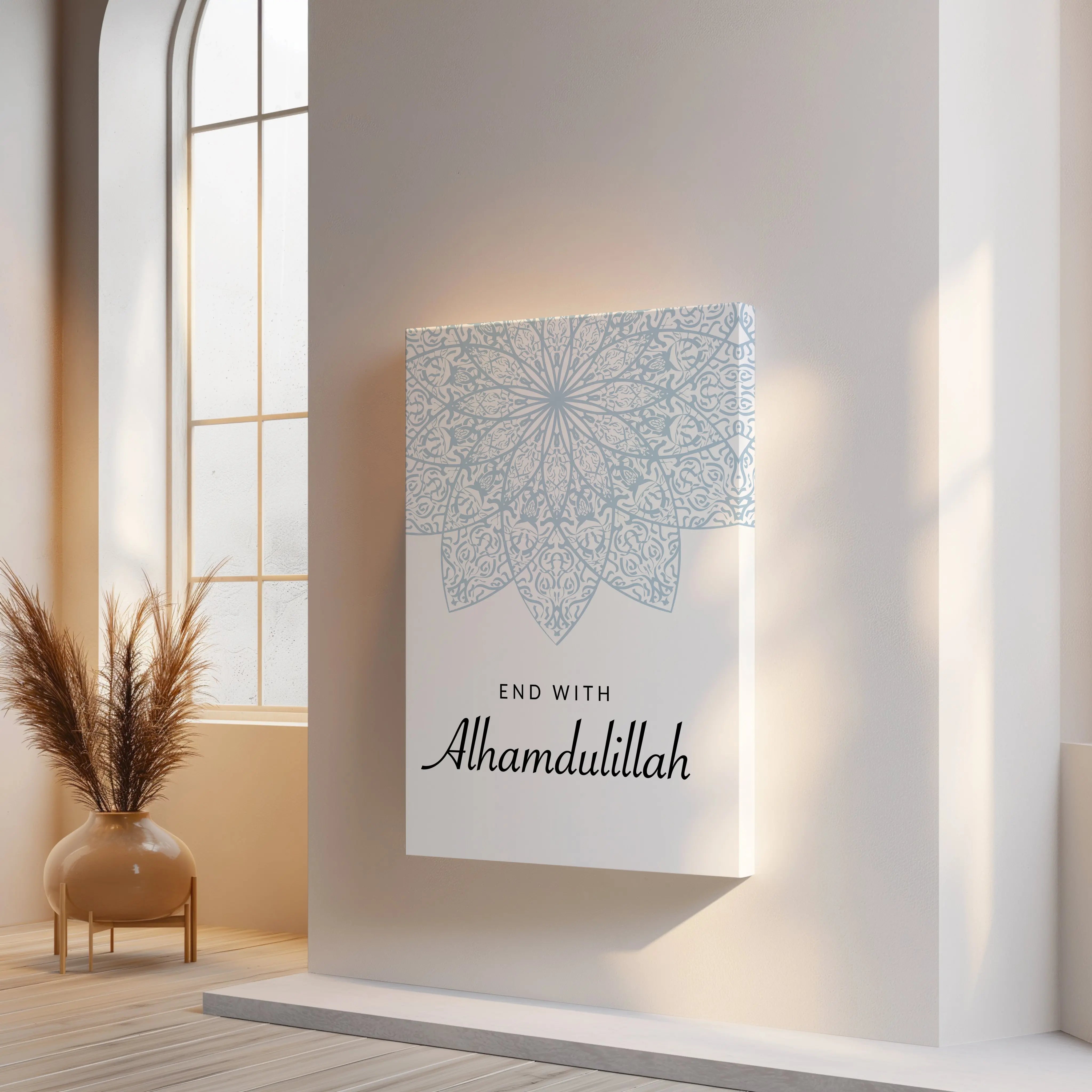 End With Alhamdulillah Islamic Wall Art – Soft Blue Mandala Design | 4K Ultra Wrap Frame Wall Art in Pakistan | IBRELIA™ IBRELIA