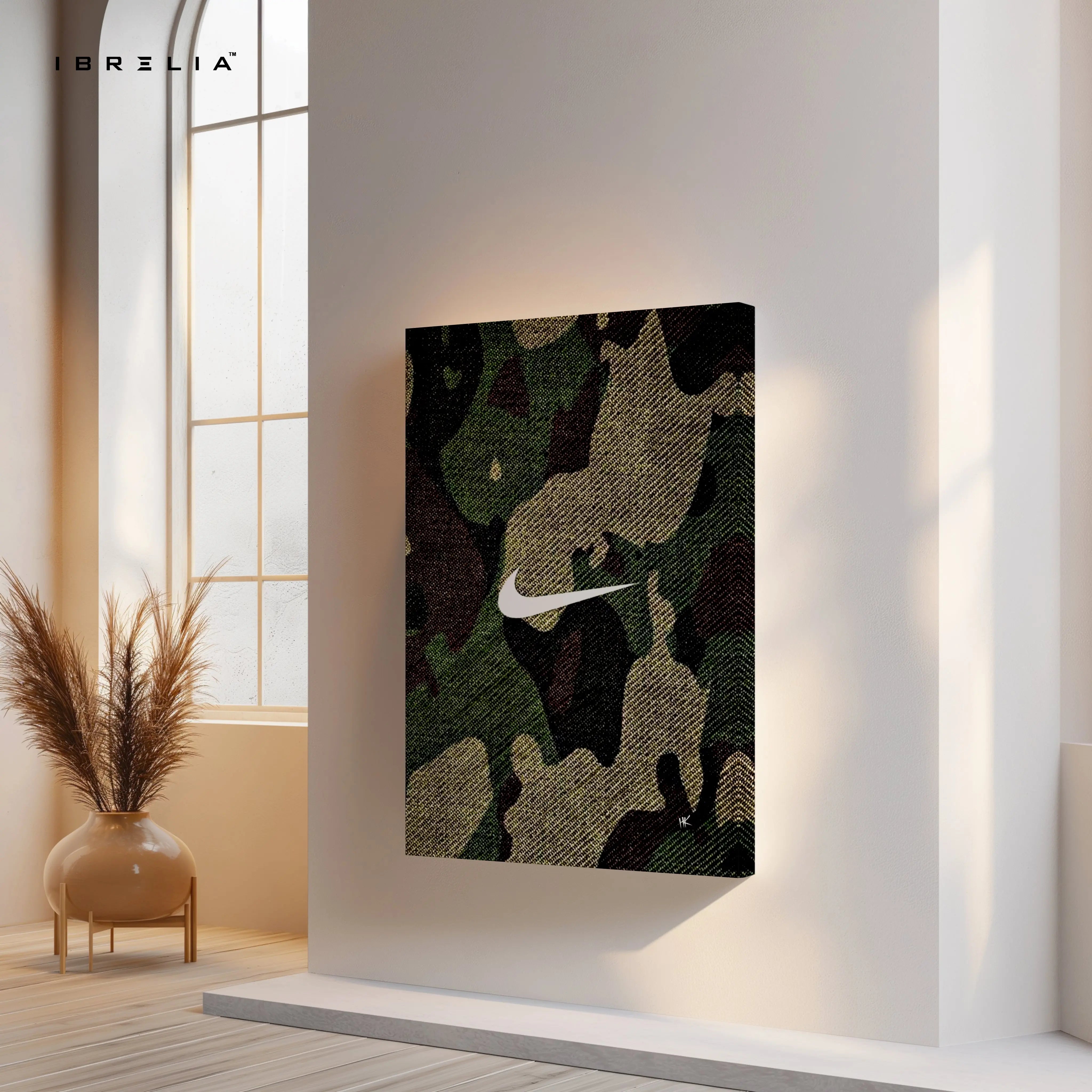 Camo Nike Minimal Wall Art – Streetwear Aesthetic Canvas Frame | Military Pattern Sneaker Style Poster Pakistan | IBRELIA™ IBRELIA