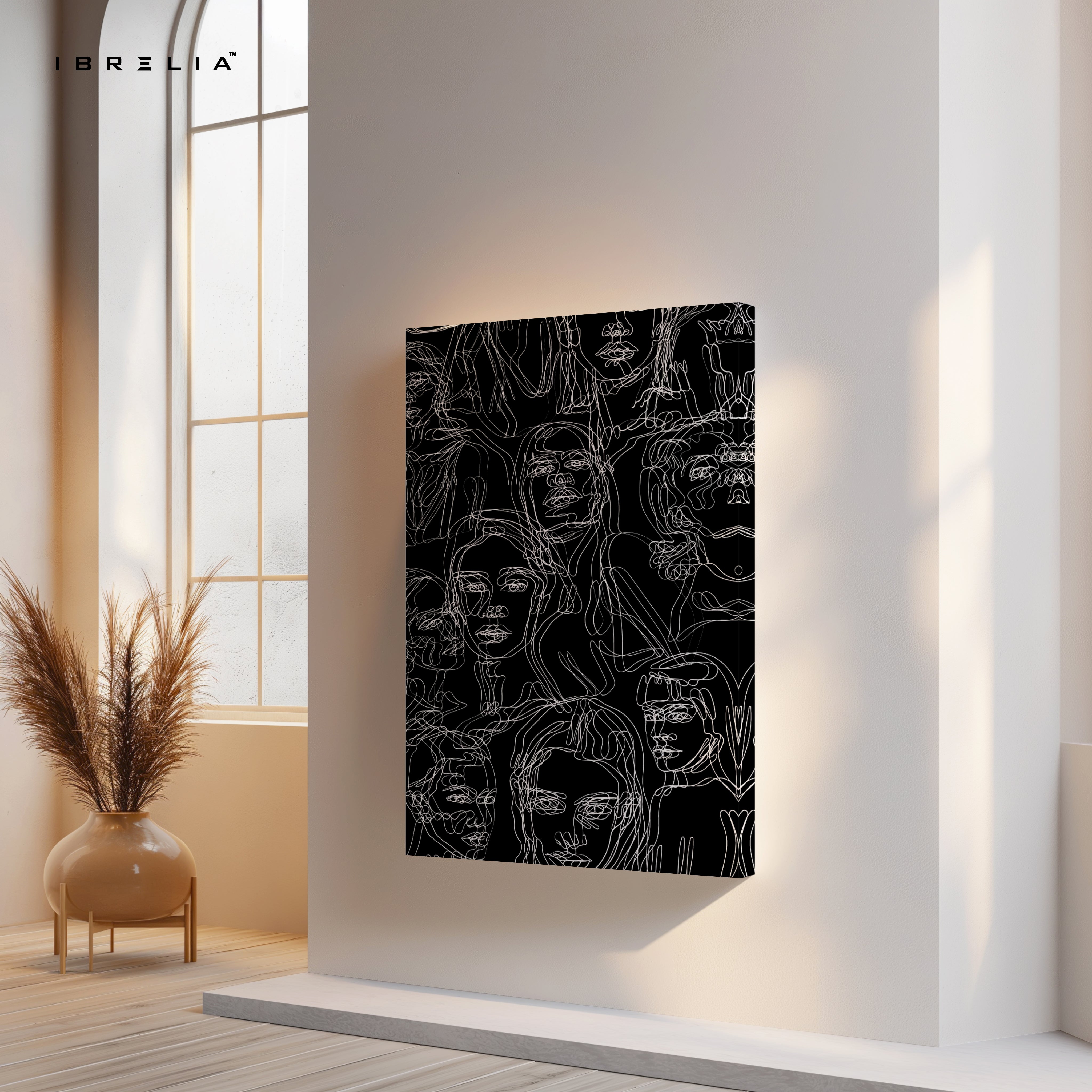 Echoes of Identity – Abstract Line Faces Noir Art | 4K Ultra Wrap Frame Wall Art in Pakistan | IBRELIA™ IBRELIA