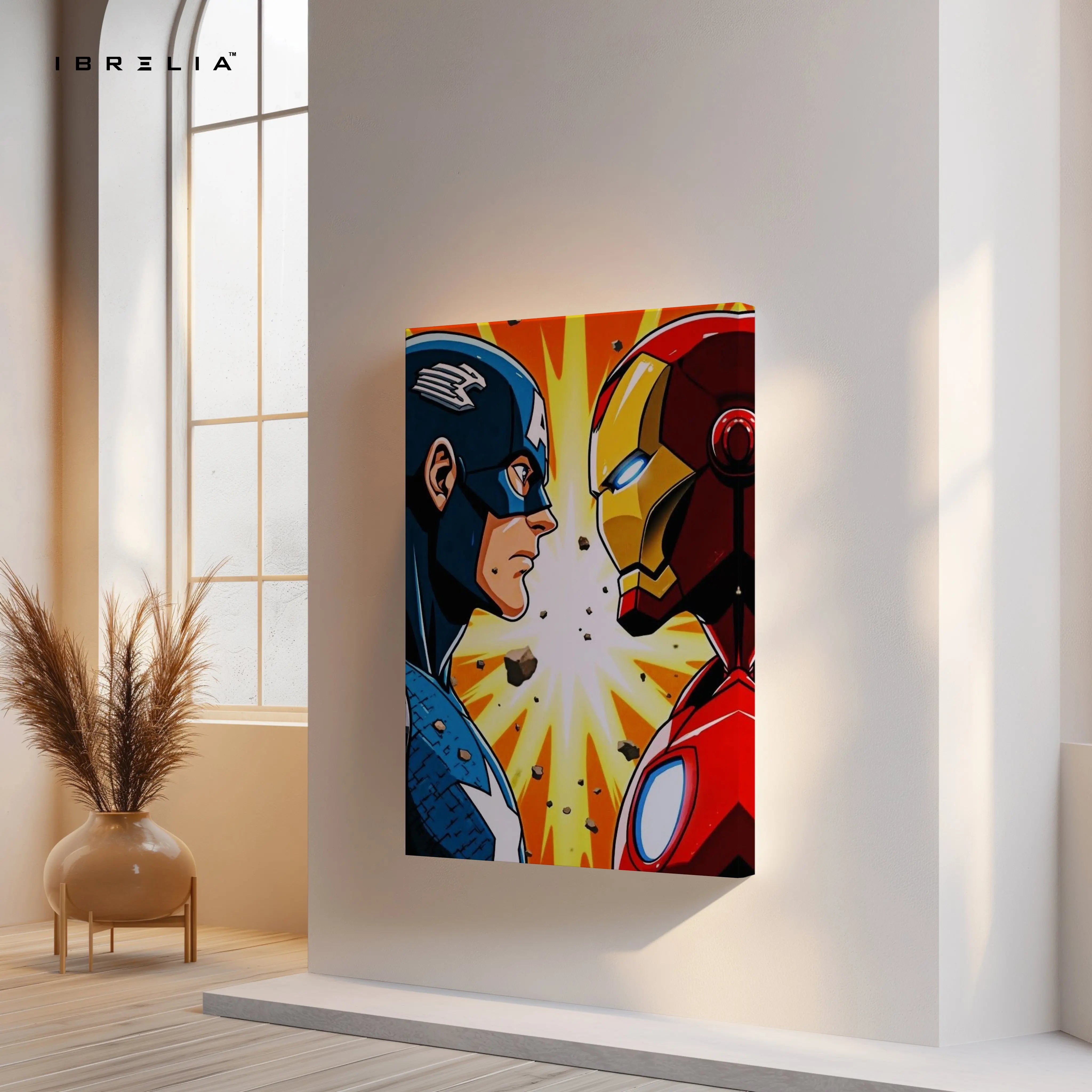 Heroes Face-Off Pop Art – Iconic Superhero Clash Wall Art | 4K Ultra Wrap Frame Wall Art in Pakistan | IBRELIA™ IBRELIA