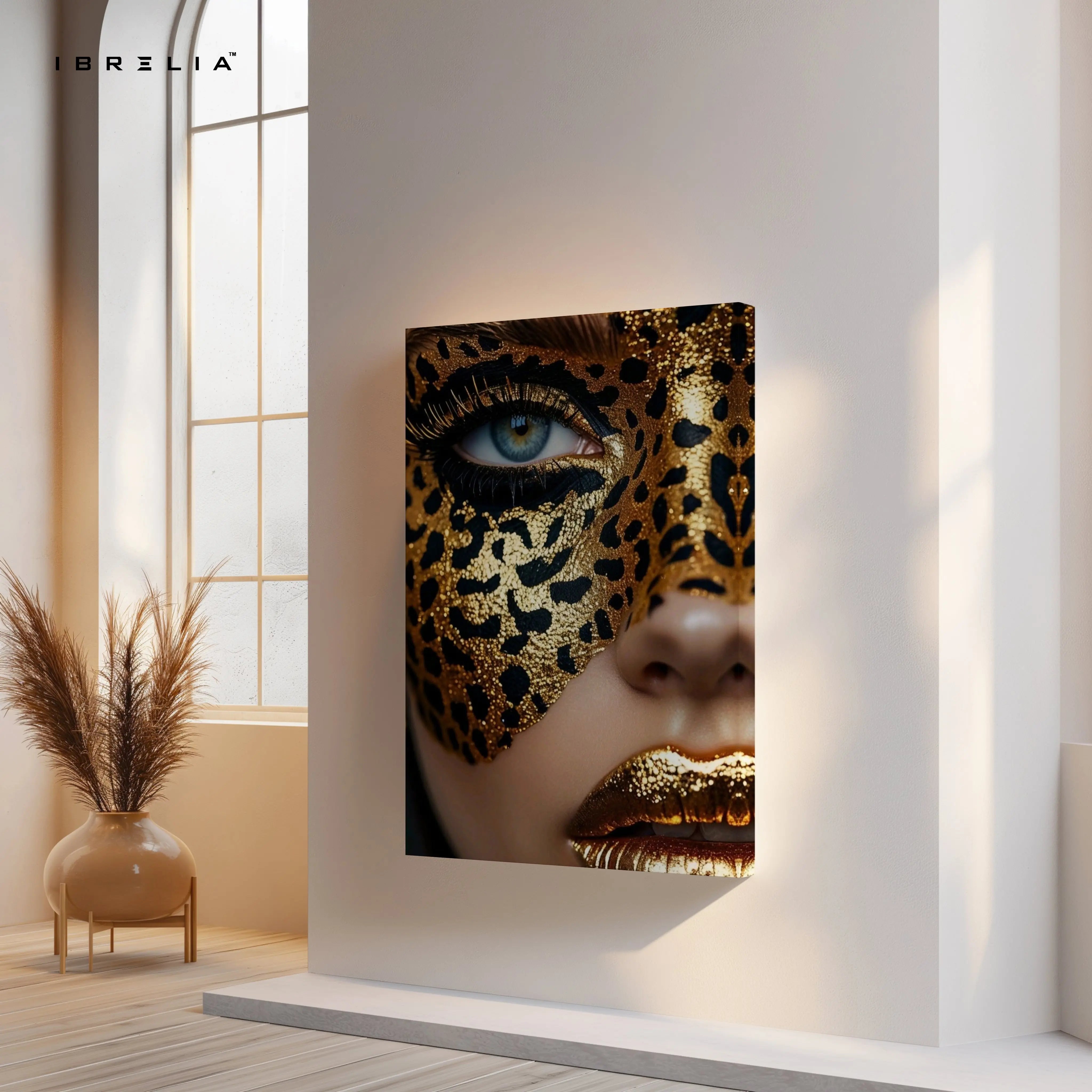Golden Leopard Mask Beauty Art – 4K Ultra Wrap Frame Wall Art in Pakistan | IBRELIA™ IBRELIA