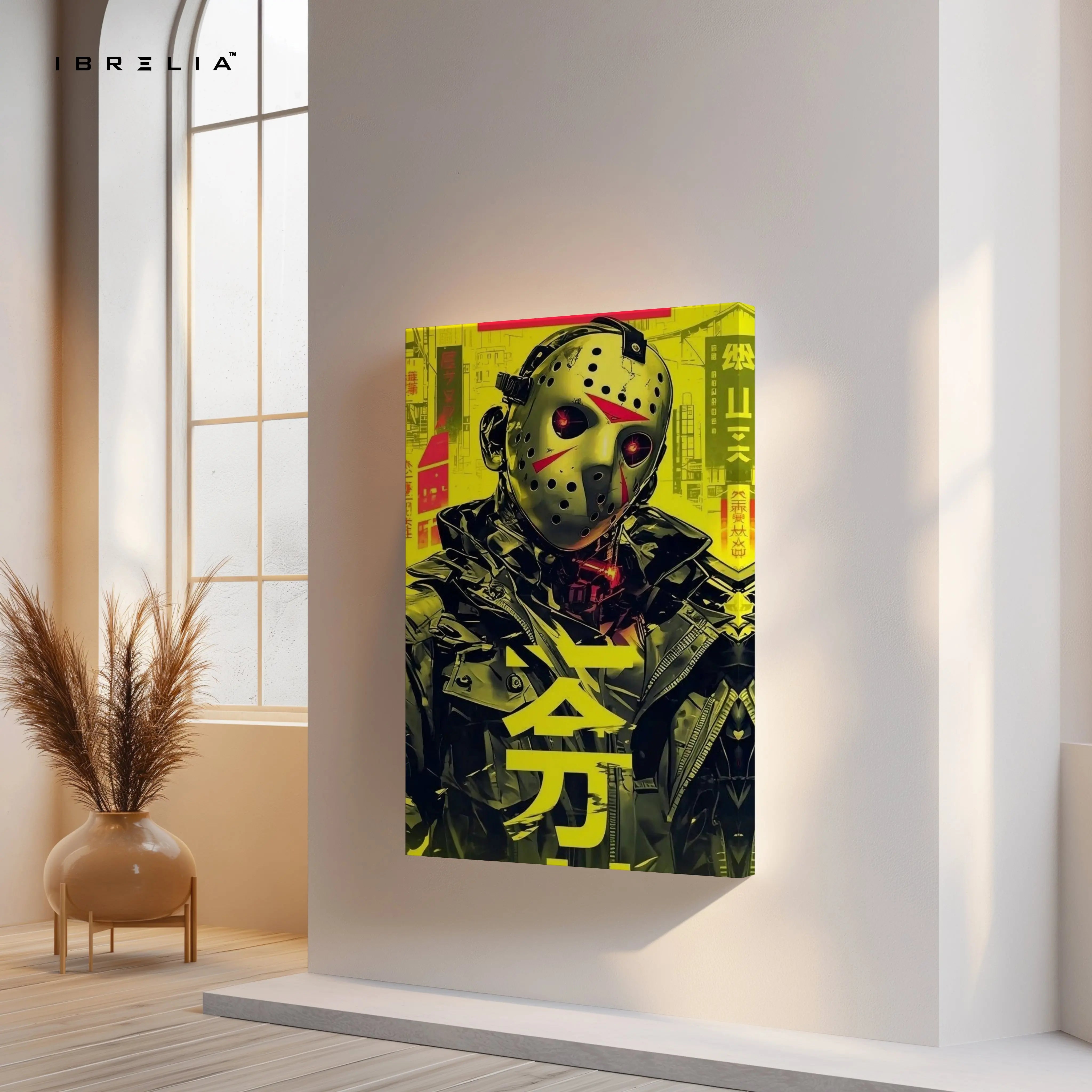 Cyberpunk Jason Mask Art – Neon Horror 4K Ultra Wrap Frame Wall Art in Pakistan | IBRELIA™ IBRELIA
