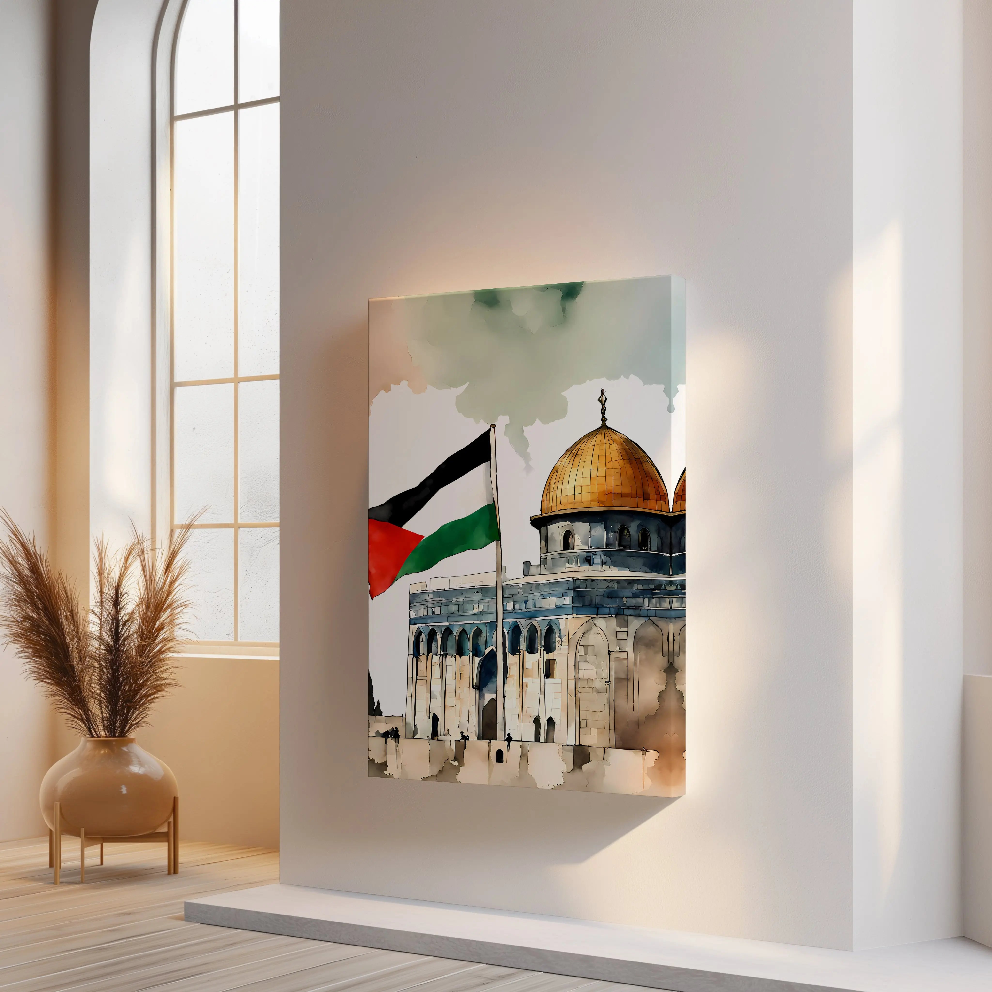 Dome of the Rock Palestine Flag Art – Jerusalem Watercolor Wall Art | 4K Ultra Wrap Frame Wall Art in Pakistan | IBRELIA™ IBRELIA