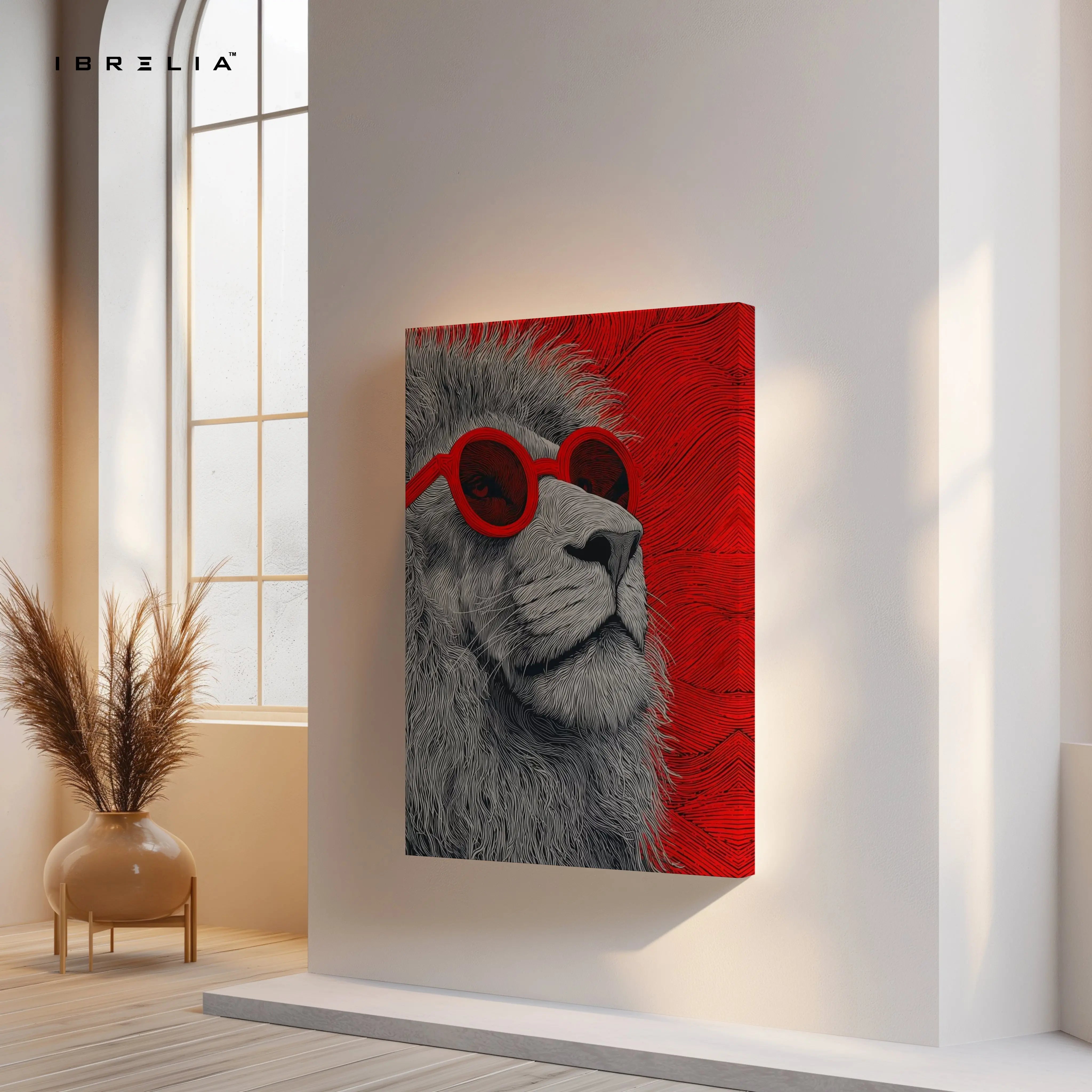 Cool Lion Pop Art with Red Glasses – 4K Ultra Wrap Frame Wall Art in Pakistan | IBRELIA™ IBRELIA