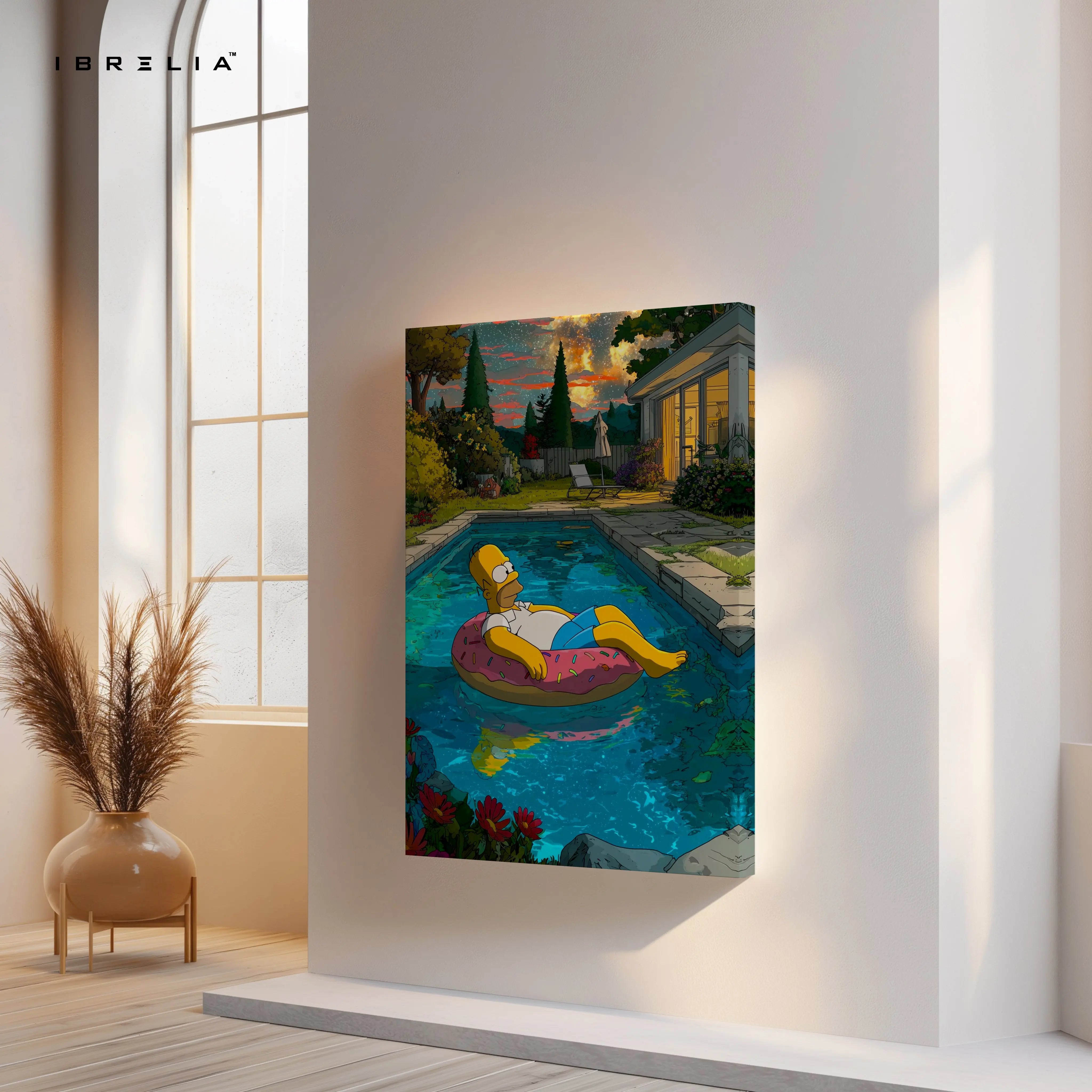 Homer Simpson Chill Pool Wall Art – Relaxing Cartoon Canvas Frame | Aesthetic Summer Vibes Decor Pakistan | IBRELIA™ IBRELIA