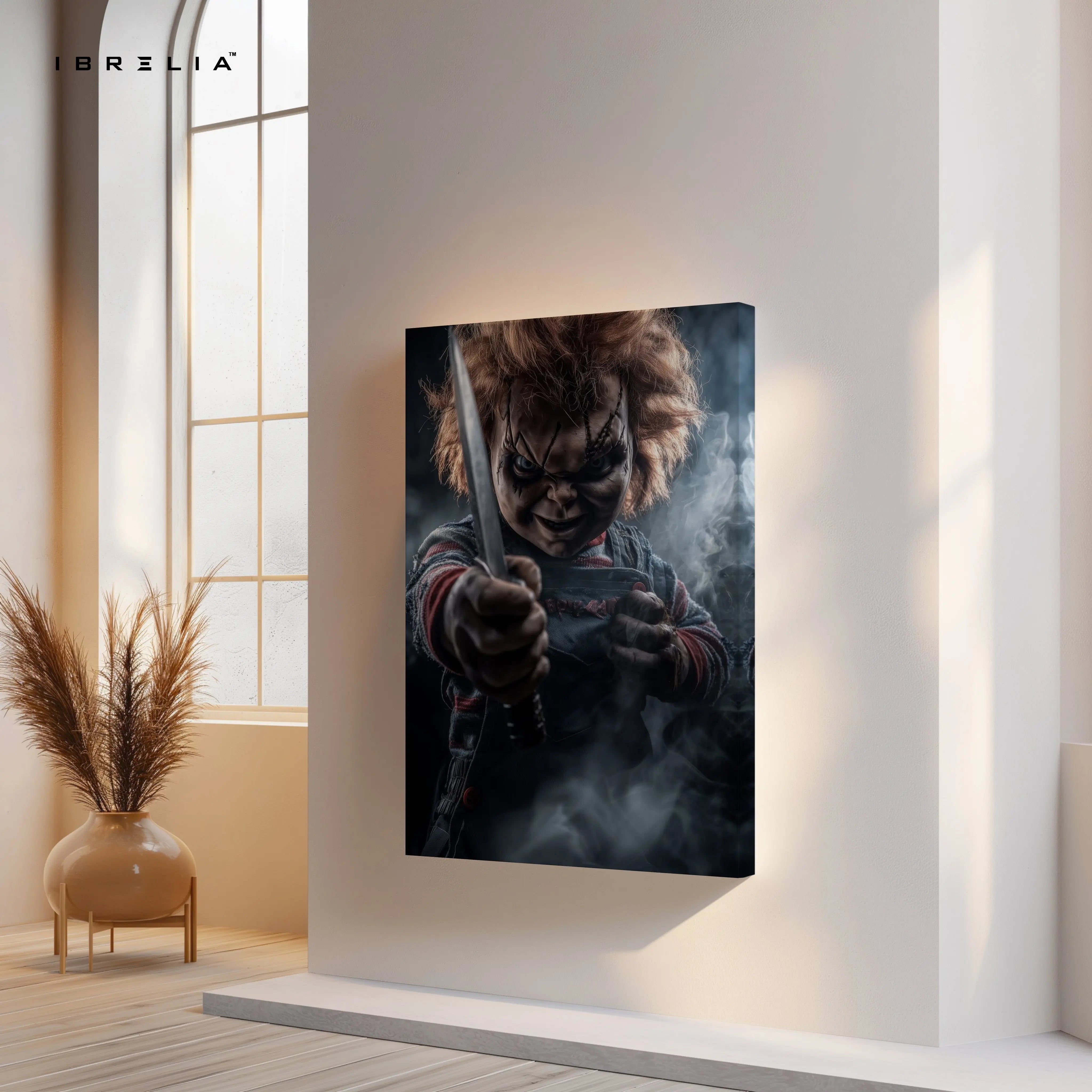 Sinister Doll Standoff – Dark Cinematic Horror Art | 4K Ultra Wrap Frame Wall Art in Pakistan | IBRELIA™ IBRELIA