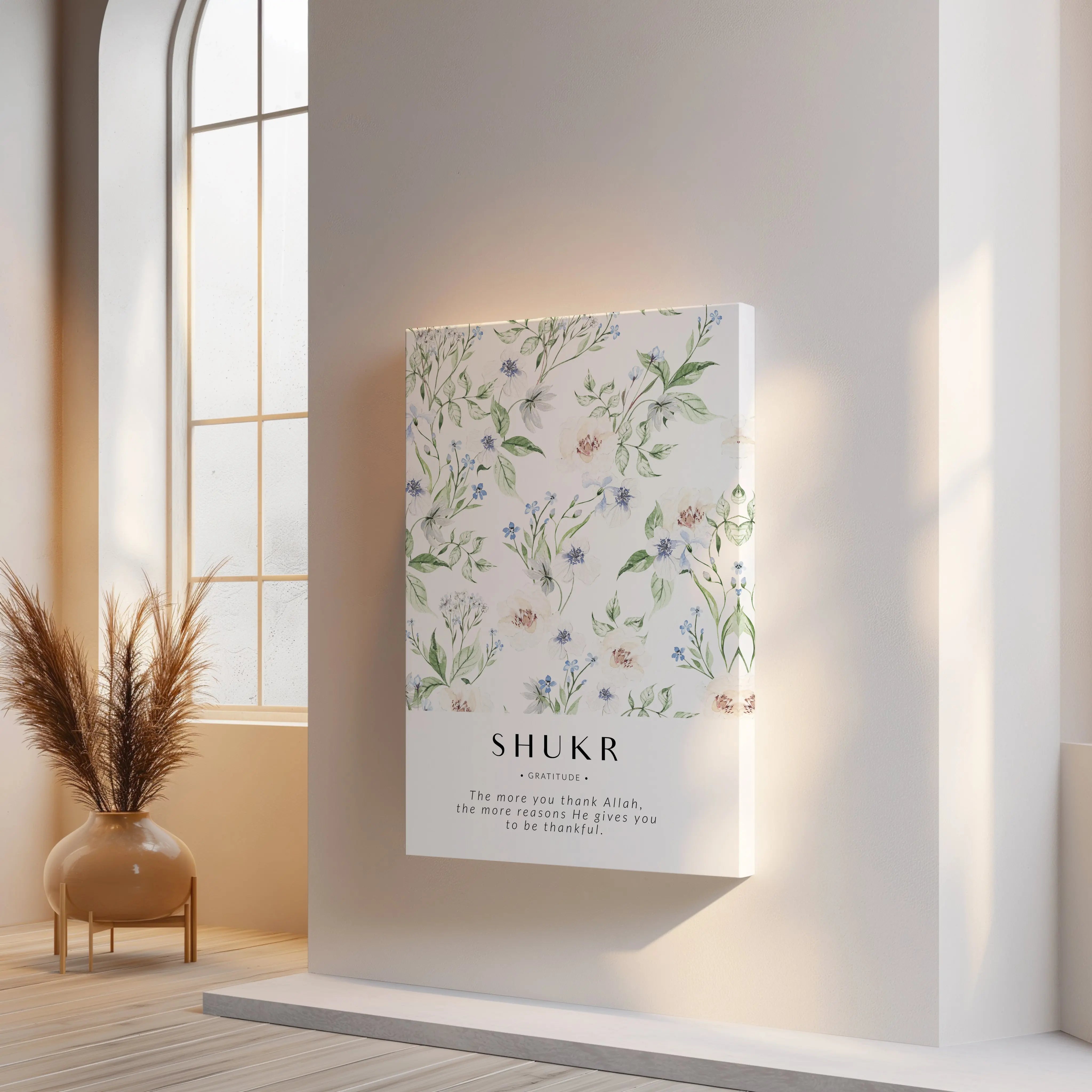 Shukr Gratitude Islamic Wall Art – Blue Floral Botanical Design | 4K Ultra Wrap Frame Wall Art in Pakistan | IBRELIA™ IBRELIA
