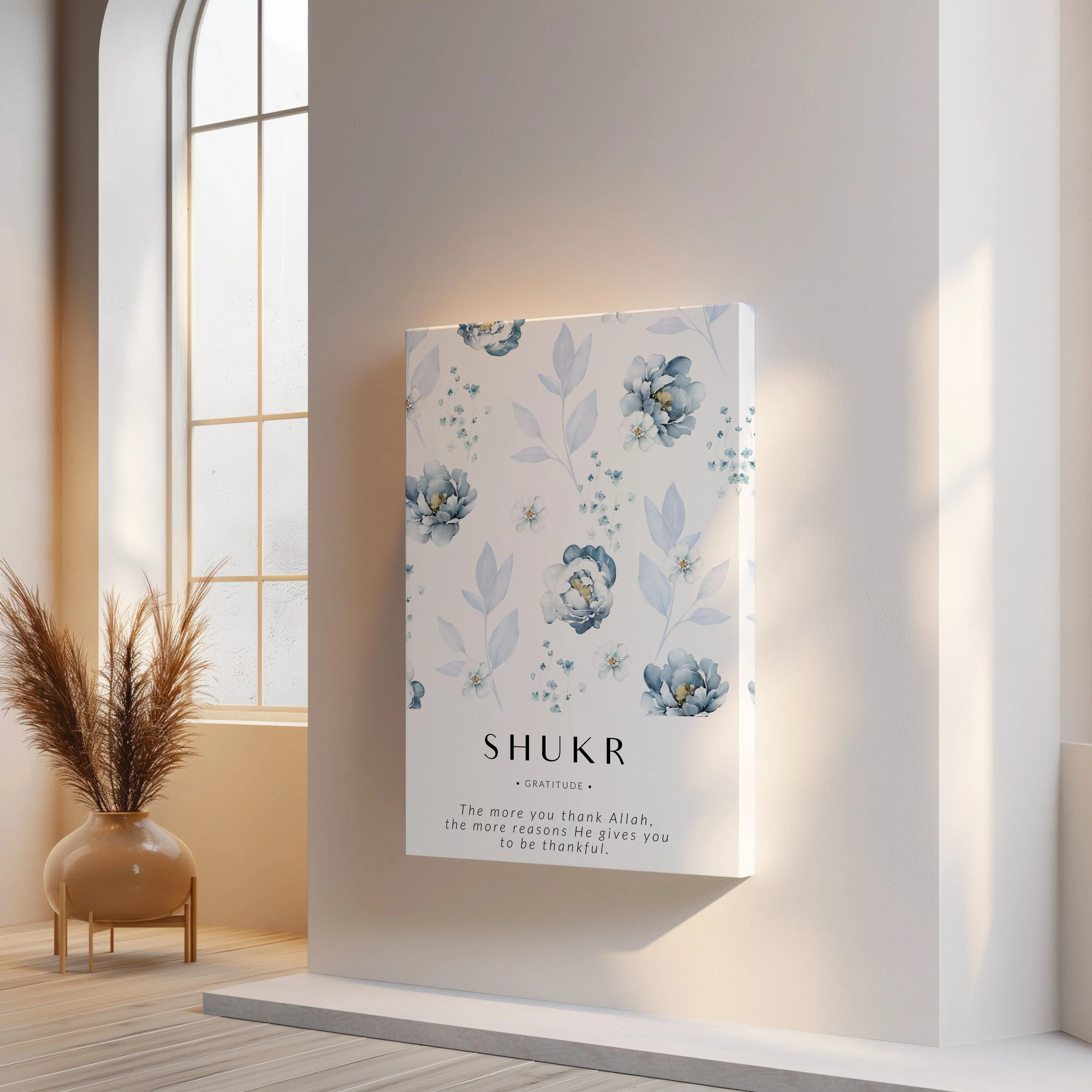 Shukr Islamic Wall Art – Blue Floral Gratitude Design | 4K Ultra Wrap Frame Wall Art in Pakistan | IBRELIA™ IBRELIA
