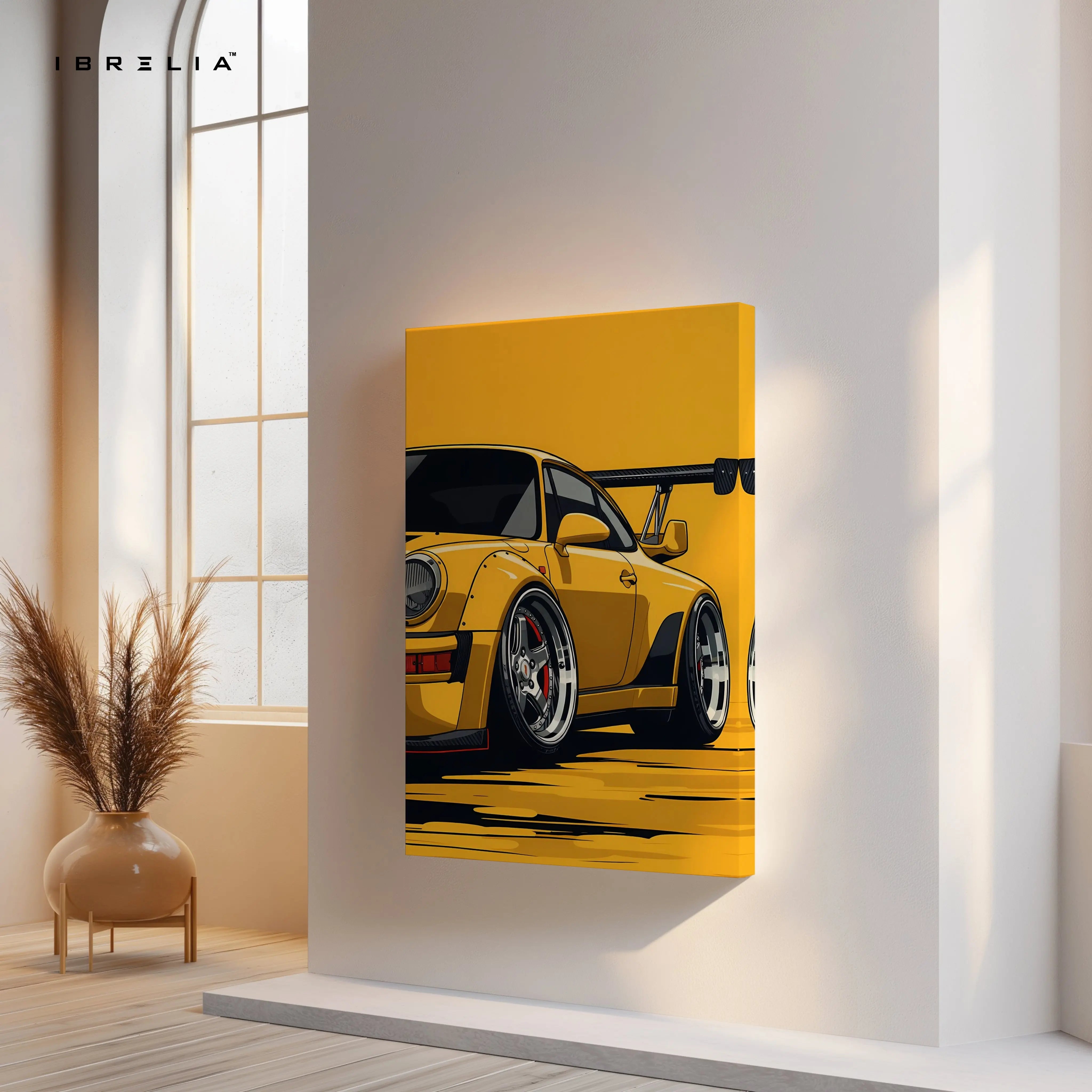 Porsche Yellow Widebody Wall Art – Sports Car Racing Canvas Frame Pakistan | JDM Style Car Poster | IBRELIA™ IBRELIA
