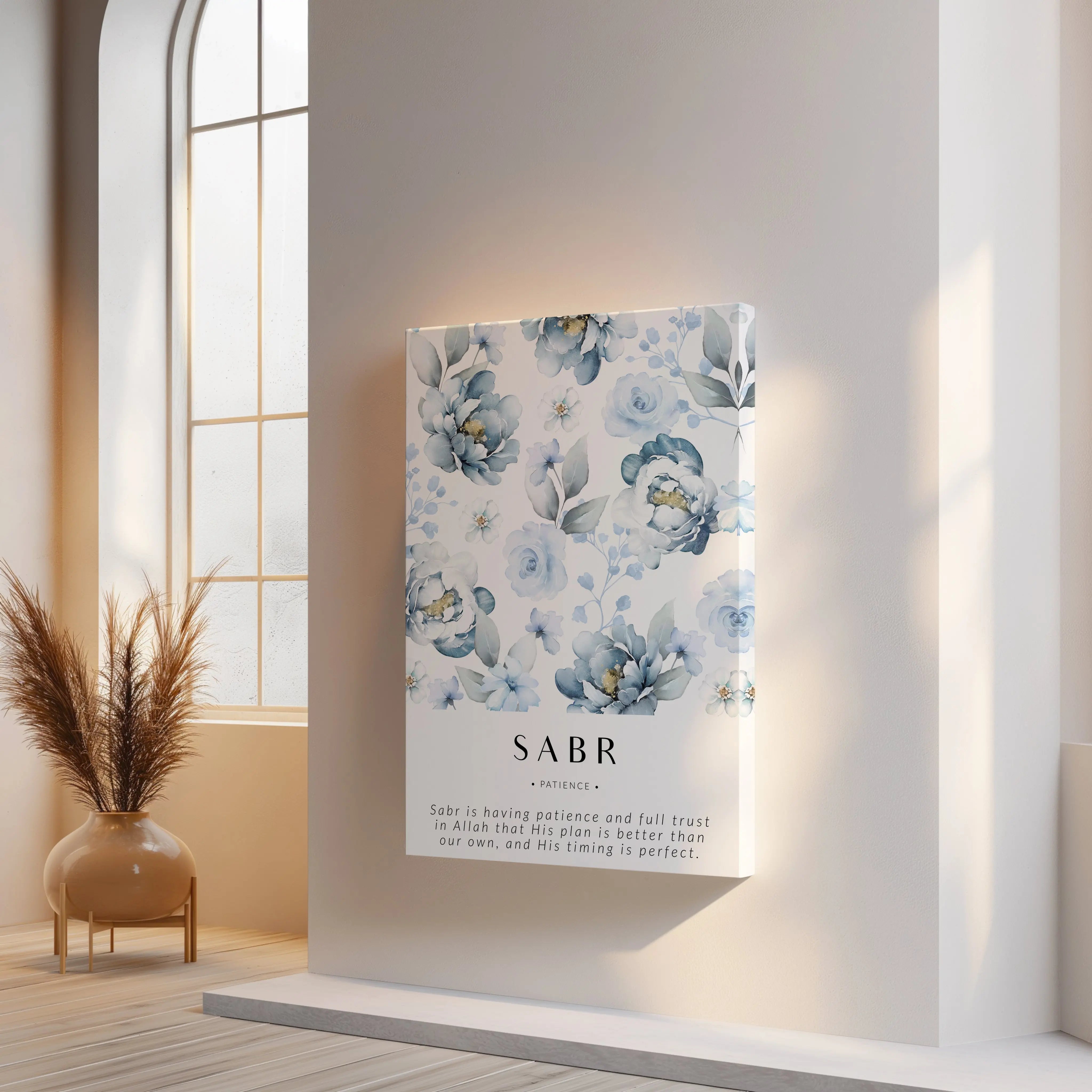 Sabr Islamic Wall Art – Blue Floral Patience Design | 4K Ultra Wrap Frame Wall Art in Pakistan | IBRELIA™ IBRELIA