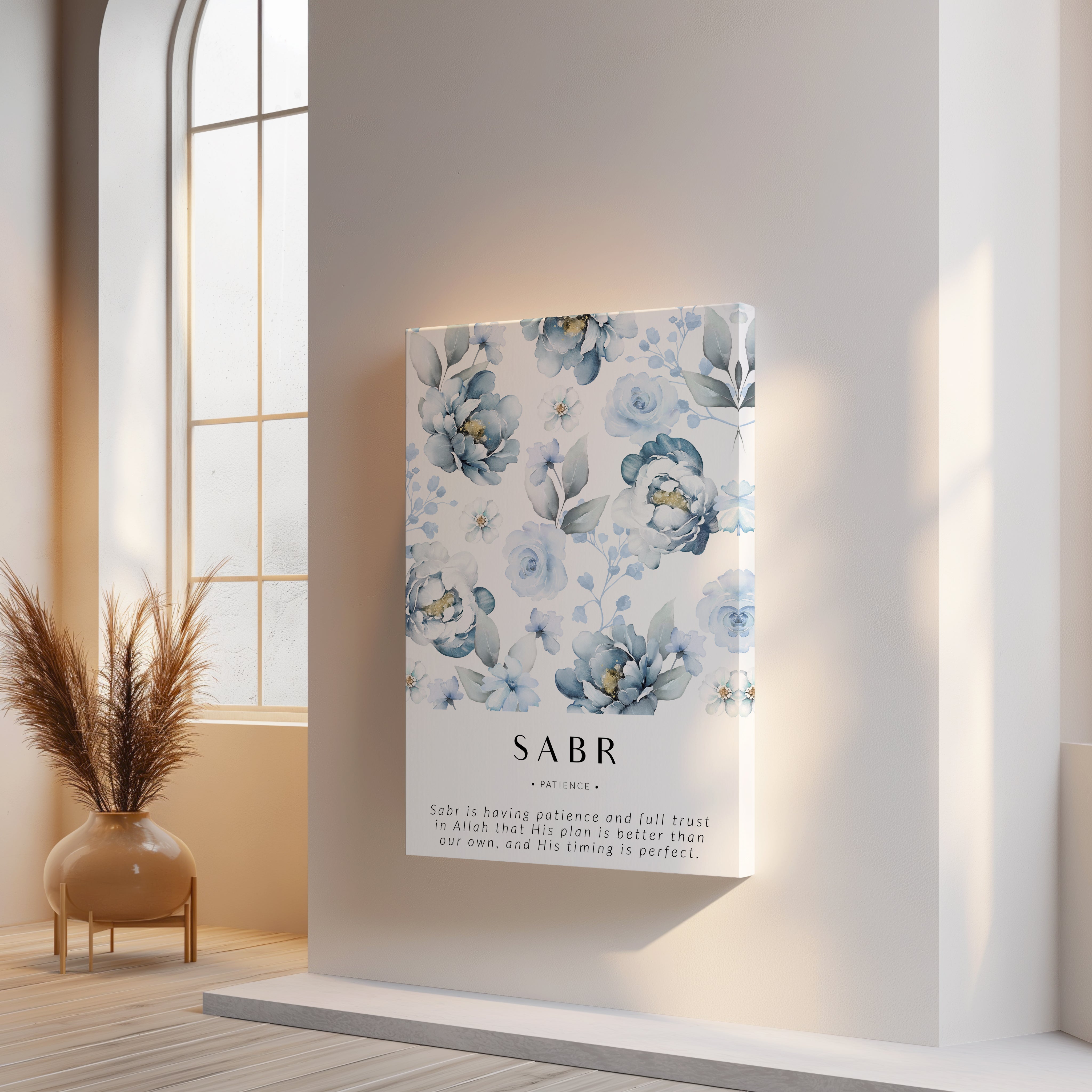 Sabr Islamic Wall Art – Blue Floral Patience Design | 4K Ultra Wrap Frame Wall Art in Pakistan | IBRELIA™