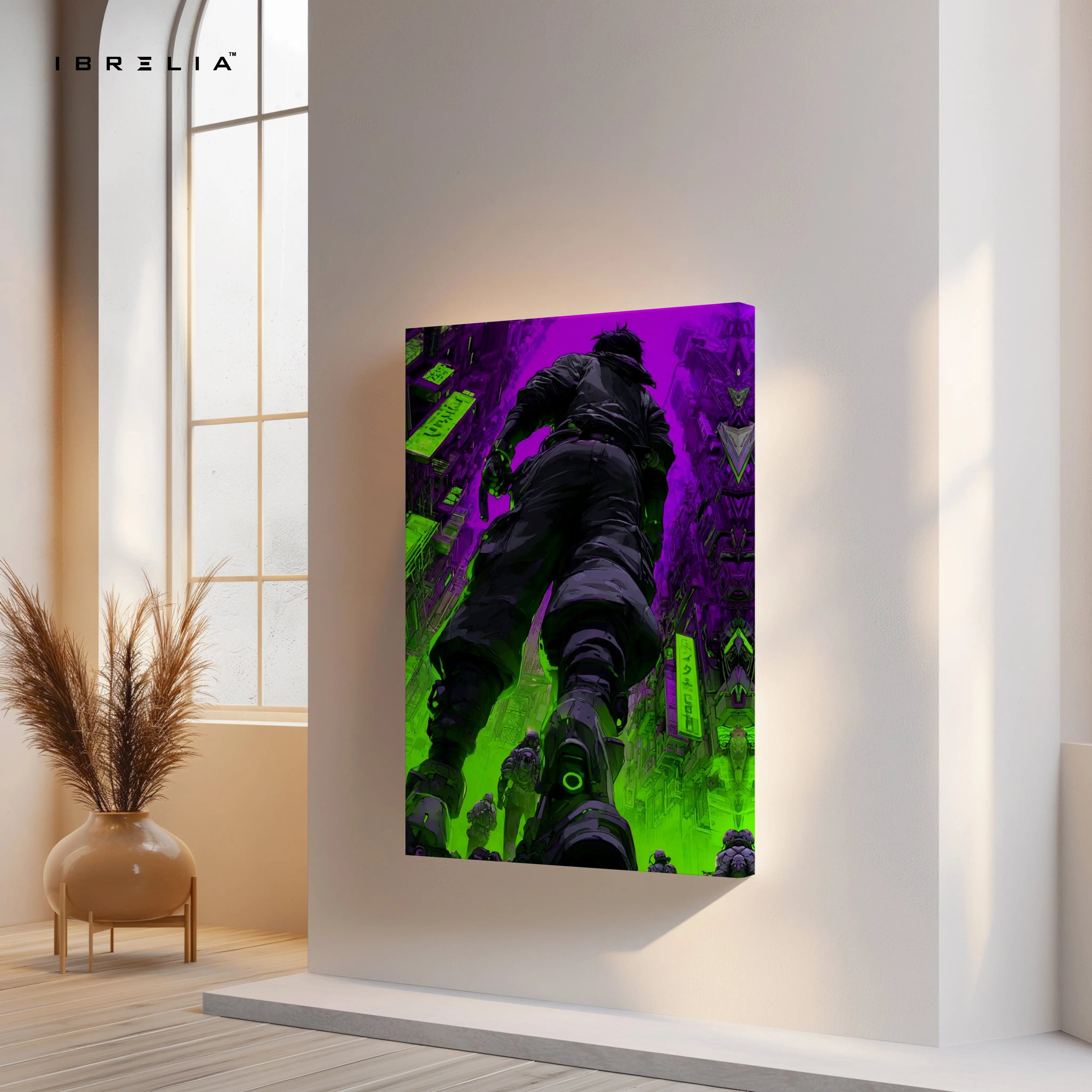 Cyberpunk Neon Soldier Wall Art – Futuristic City Canvas Frame | Sci-Fi Gaming Poster Pakistan | IBRELIA™ IBRELIA