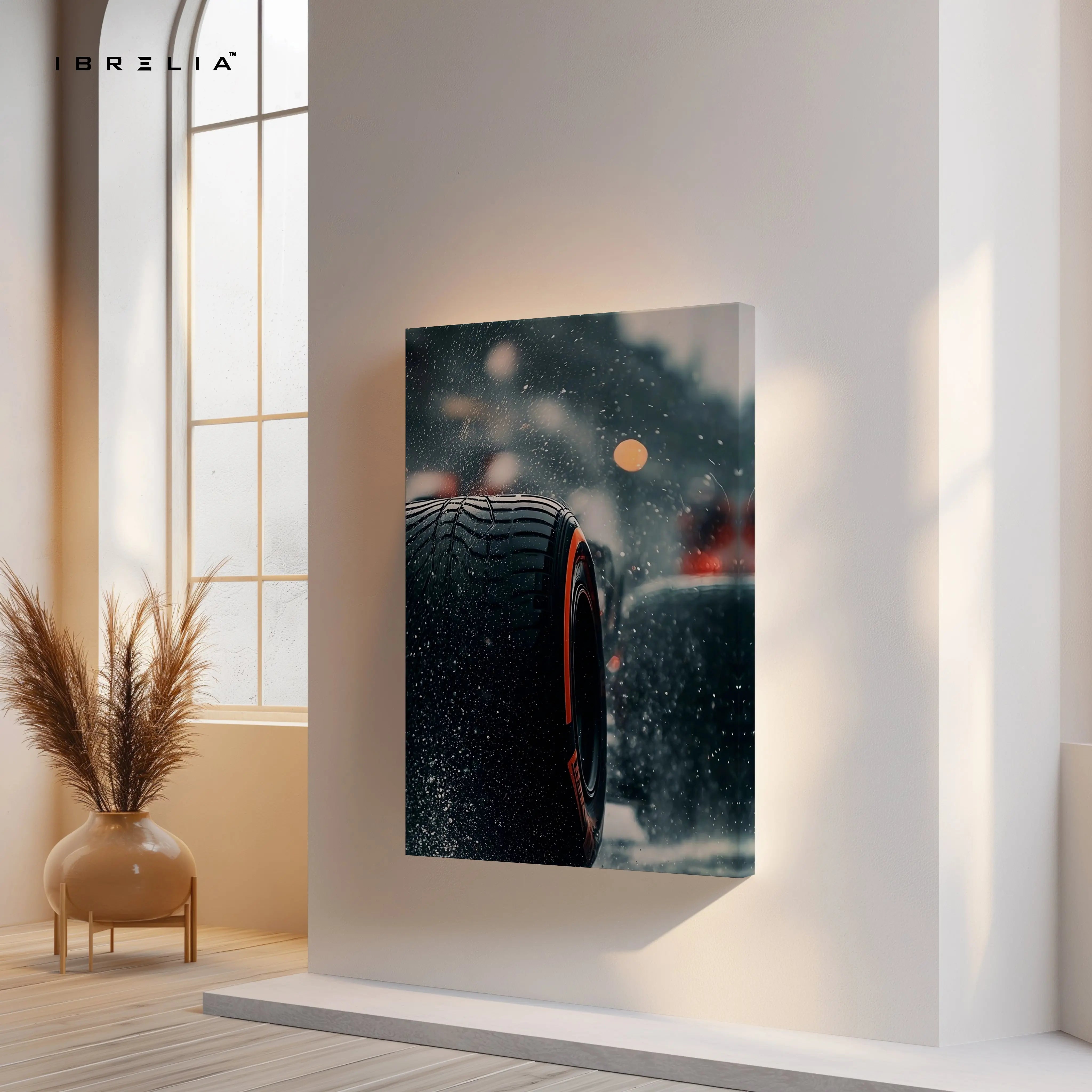 Performance Tire Rain Motion Wall Art – High Speed Automotive Canvas Frame Pakistan | Racing Detail Poster | IBRELIA™ IBRELIA