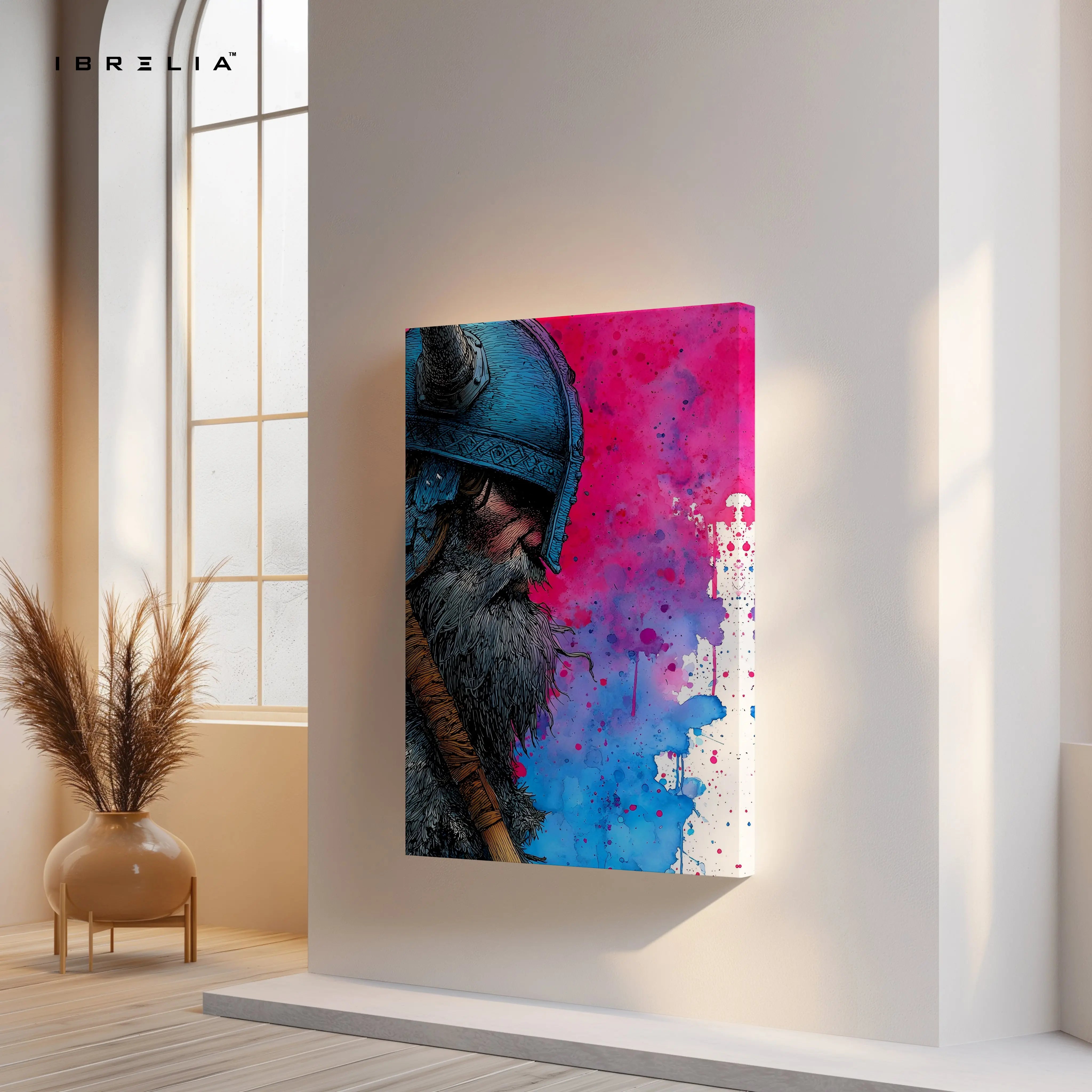 Viking Warrior Portrait Wall Art – Color Splash Norse Canvas Frame | Bold Warrior Illustration Poster Pakistan | IBRELIA™ IBRELIA