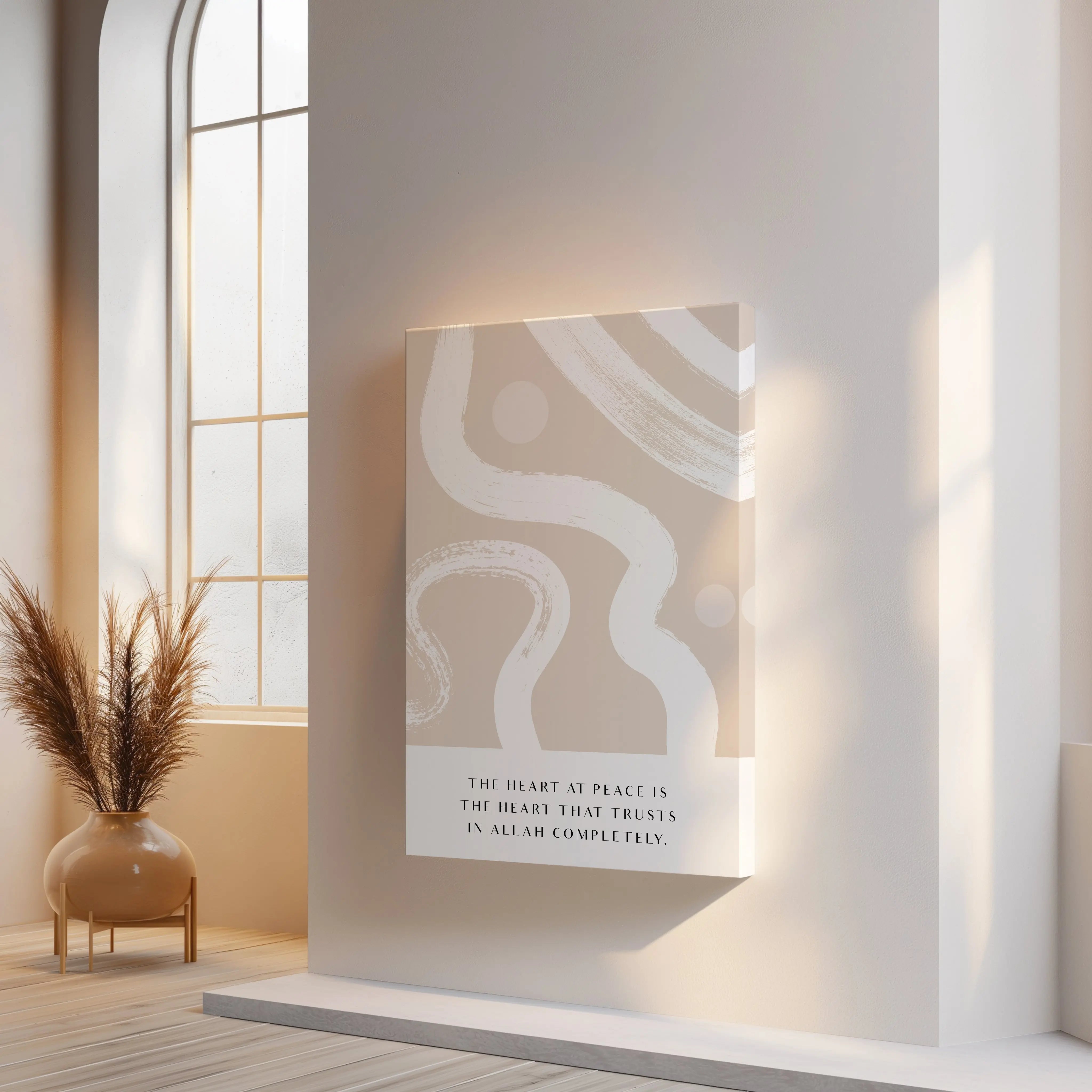 The Heart at Peace Islamic Quote Wall Art – Modern Neutral Abstract Design | 4K Ultra Wrap Frame Wall Art in Pakistan | IBRELIA™ IBRELIA