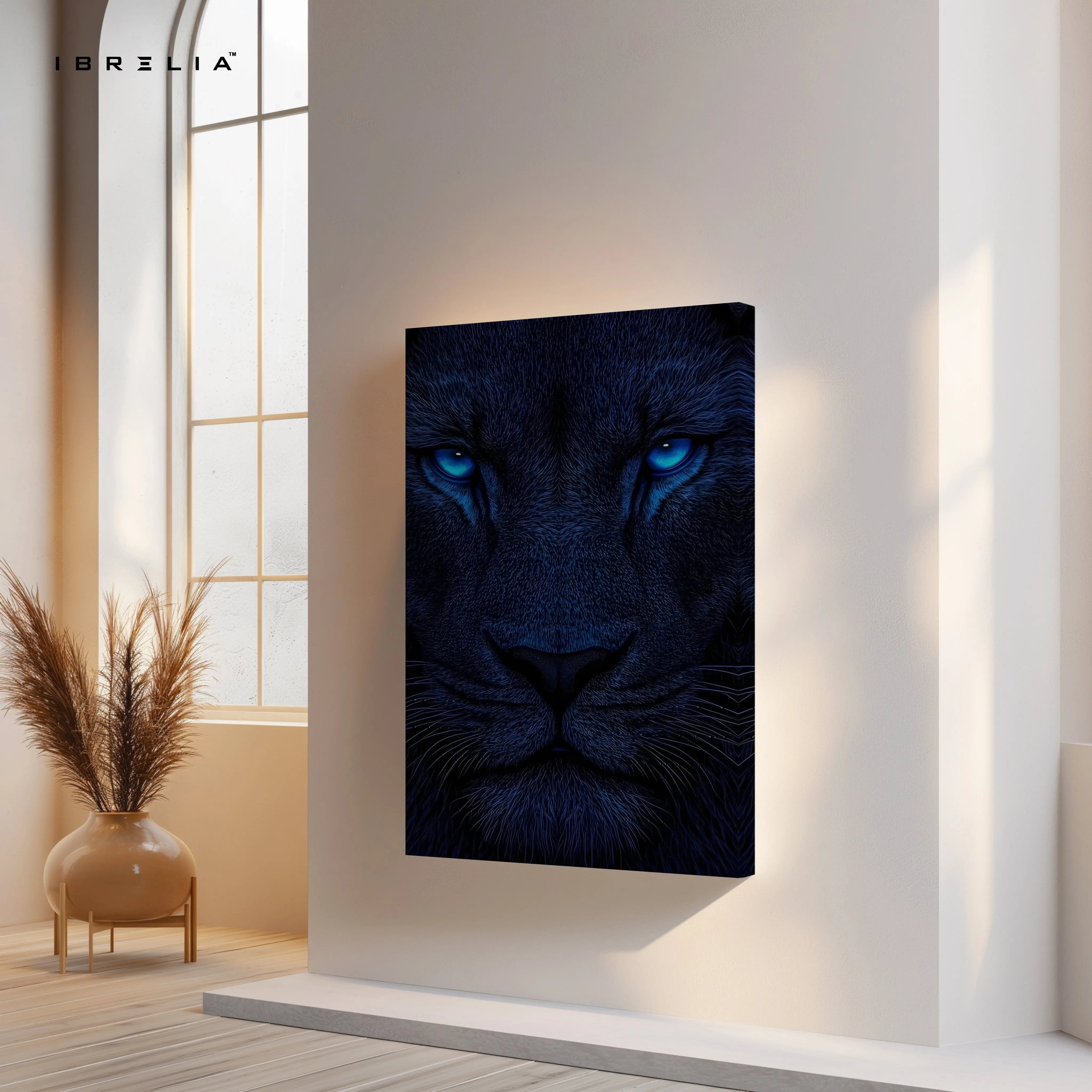 Blue Eyes Lion Wall Art – Dark Aesthetic Wildlife Canvas Frame | Luxury Animal Poster Pakistan | IBRELIA™ IBRELIA