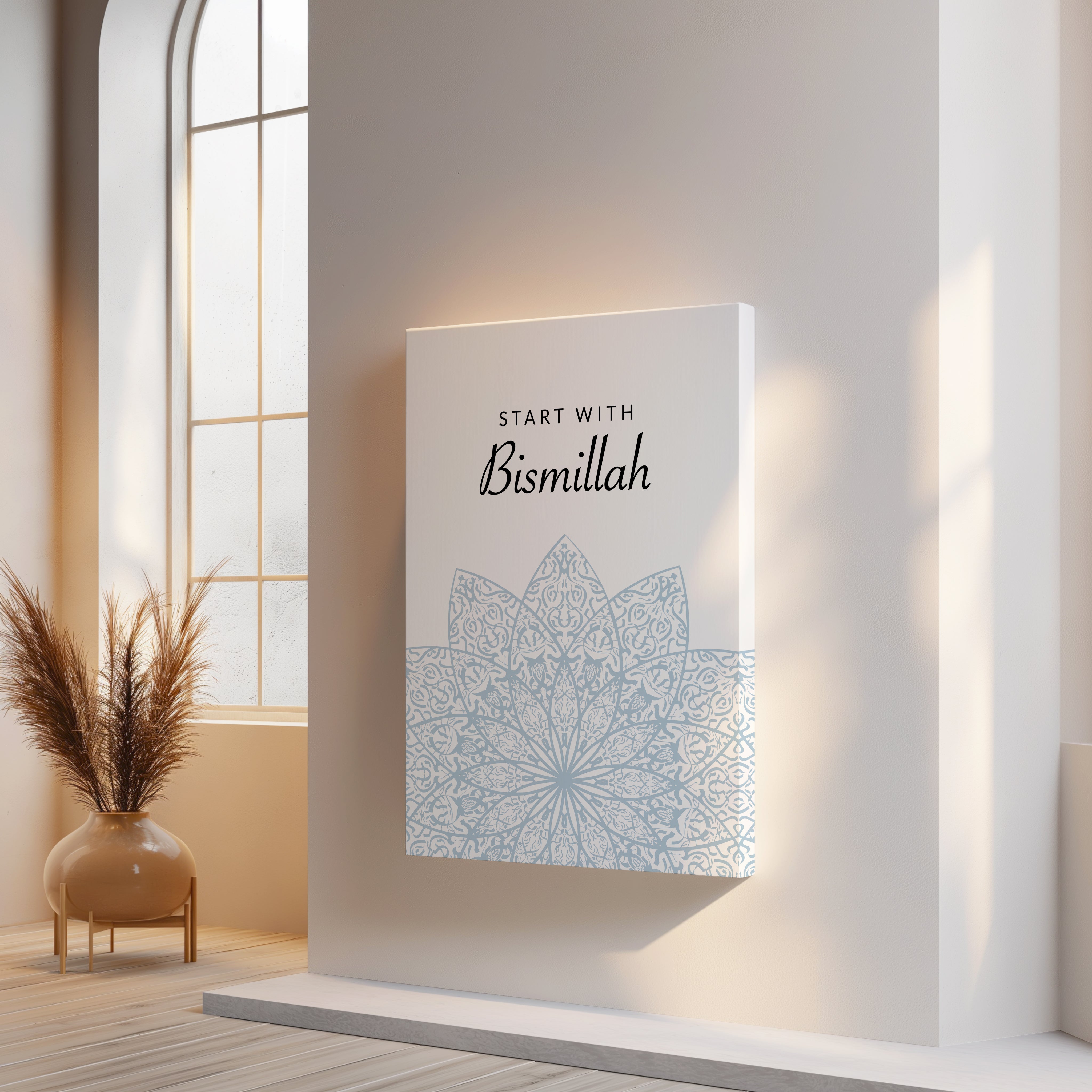Start With Bismillah Islamic Wall Art – Soft Blue Mandala Design | 4K Ultra Wrap Frame Wall Art in Pakistan | IBRELIA™