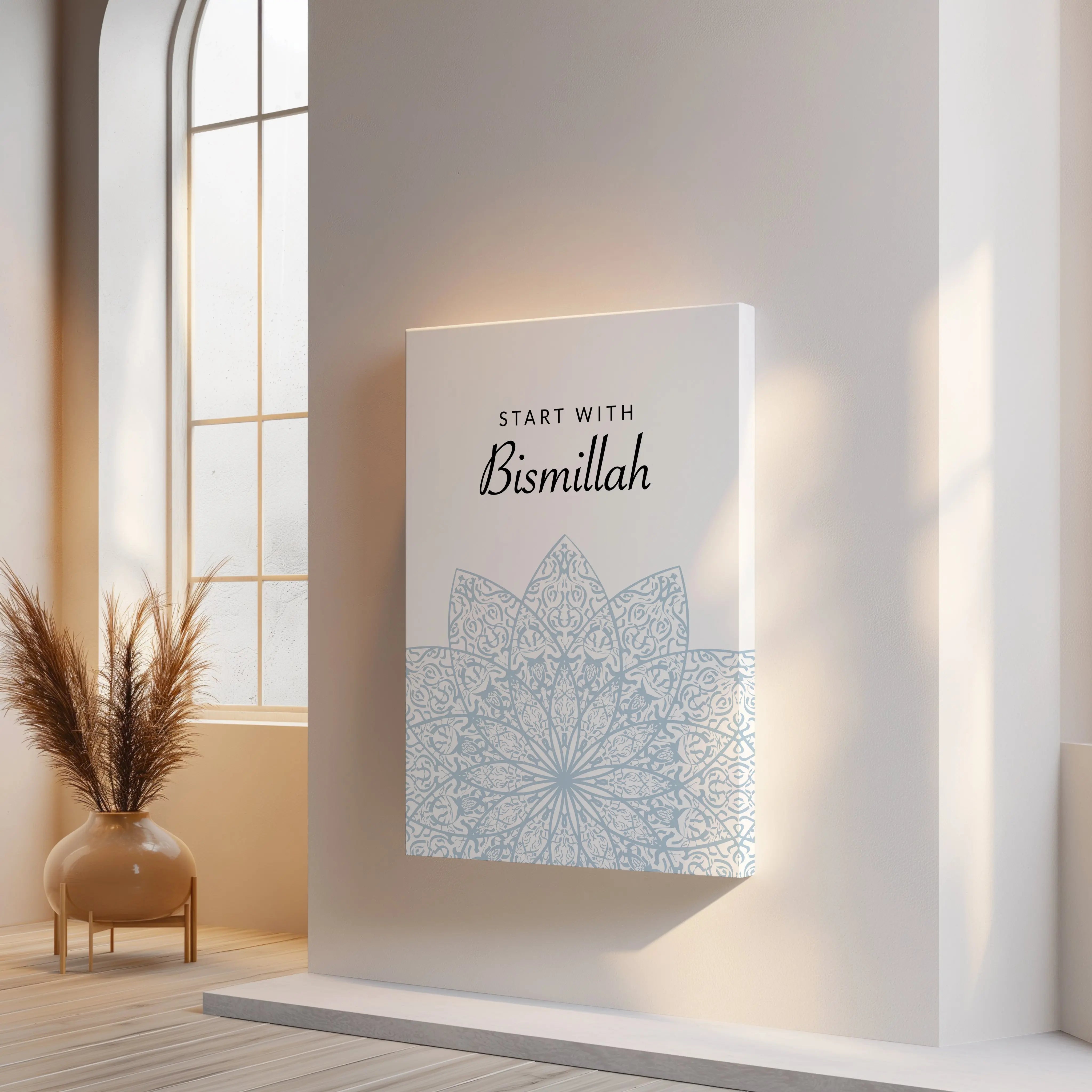 Start With Bismillah Islamic Wall Art – Soft Blue Mandala Design | 4K Ultra Wrap Frame Wall Art in Pakistan | IBRELIA™ IBRELIA