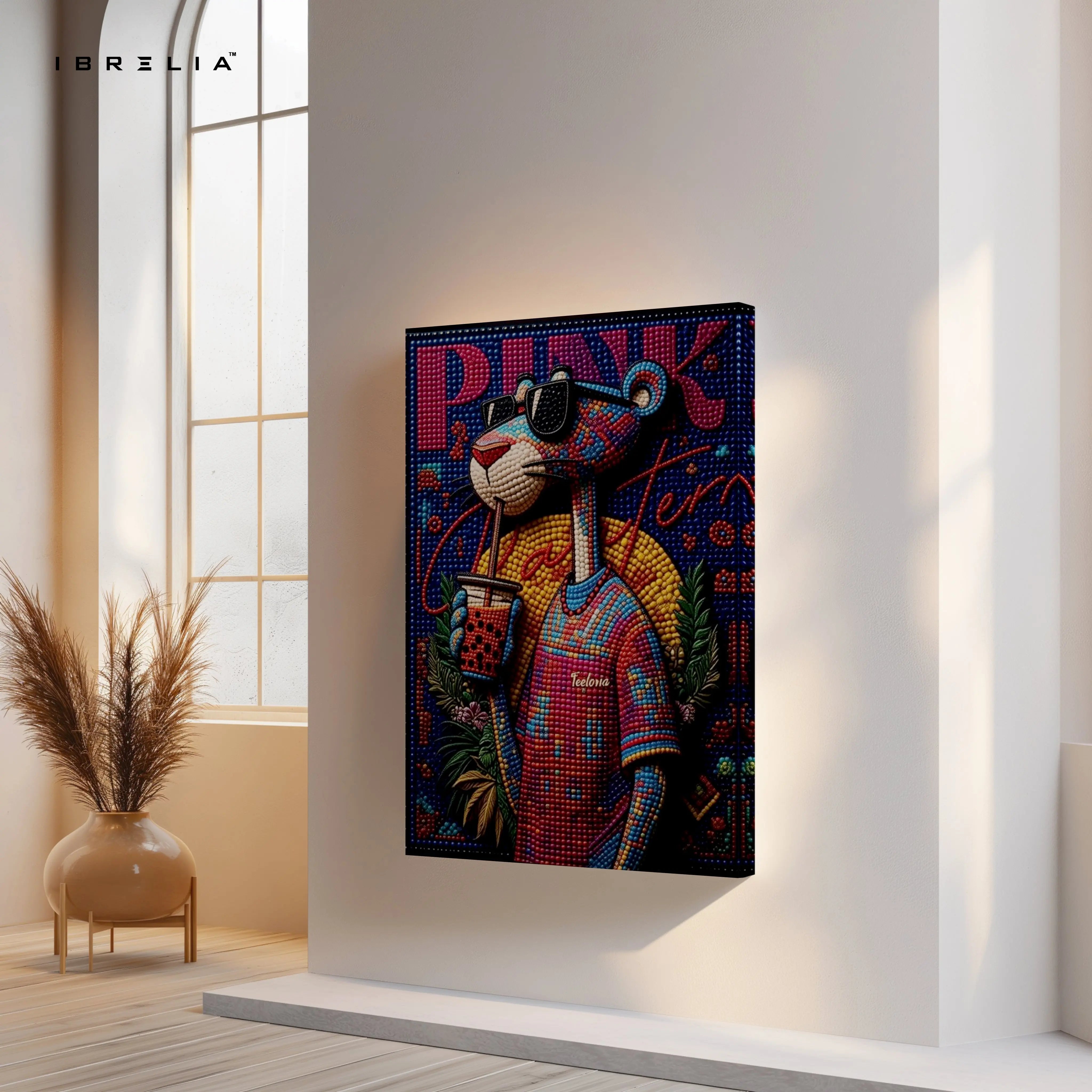 Pink Panther Bubble Tea Wall Art – Pop Art Cartoon Canvas Frame | Colorful Street Style Decor Pakistan | IBRELIA™ IBRELIA