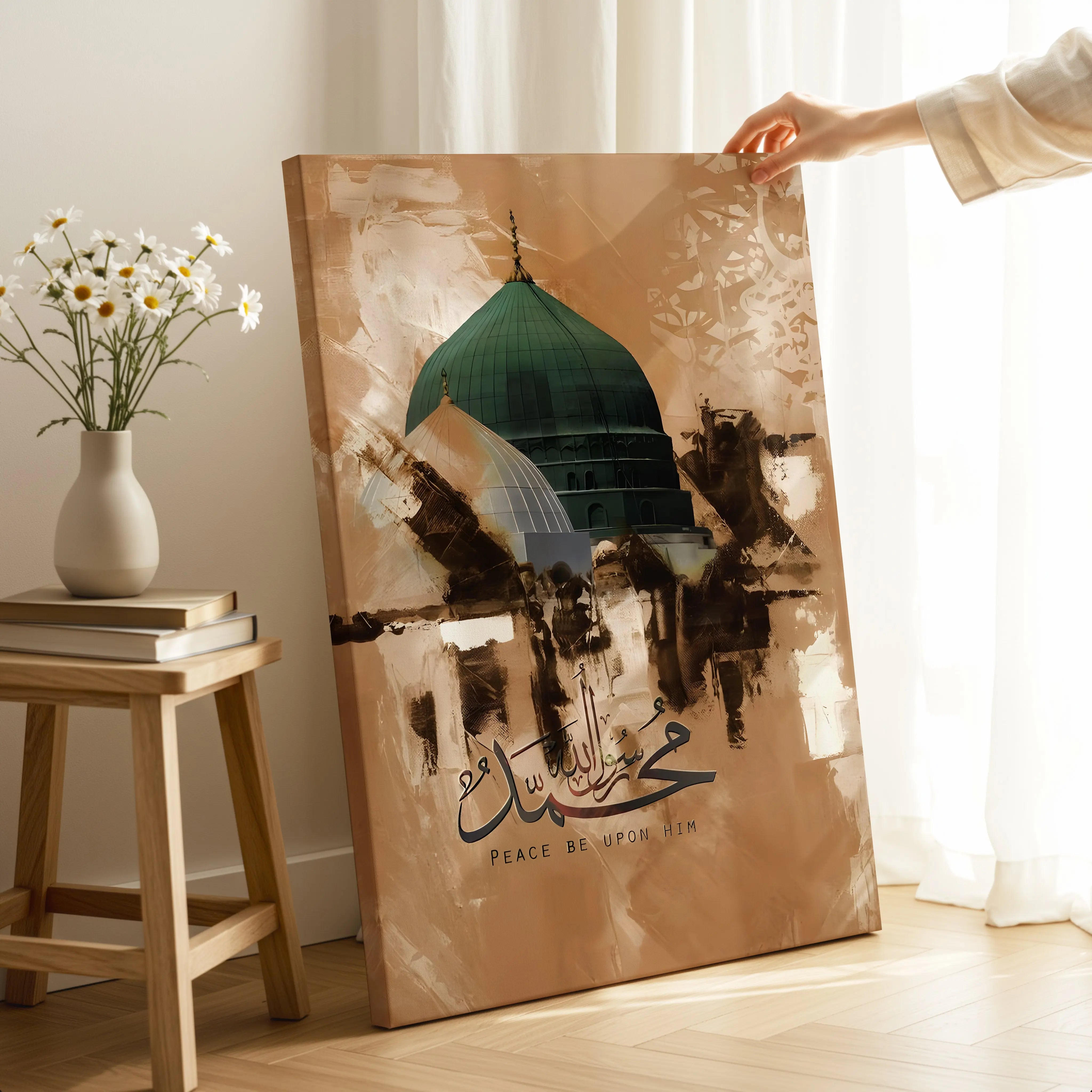 Prophet Muhammad (PBUH) Calligraphy Art – Masjid e Nabawi Green Dome Islamic Wall Art | 4K Ultra Wrap Frame Wall Art in Pakistan | IBRELIA™ IBRELIA