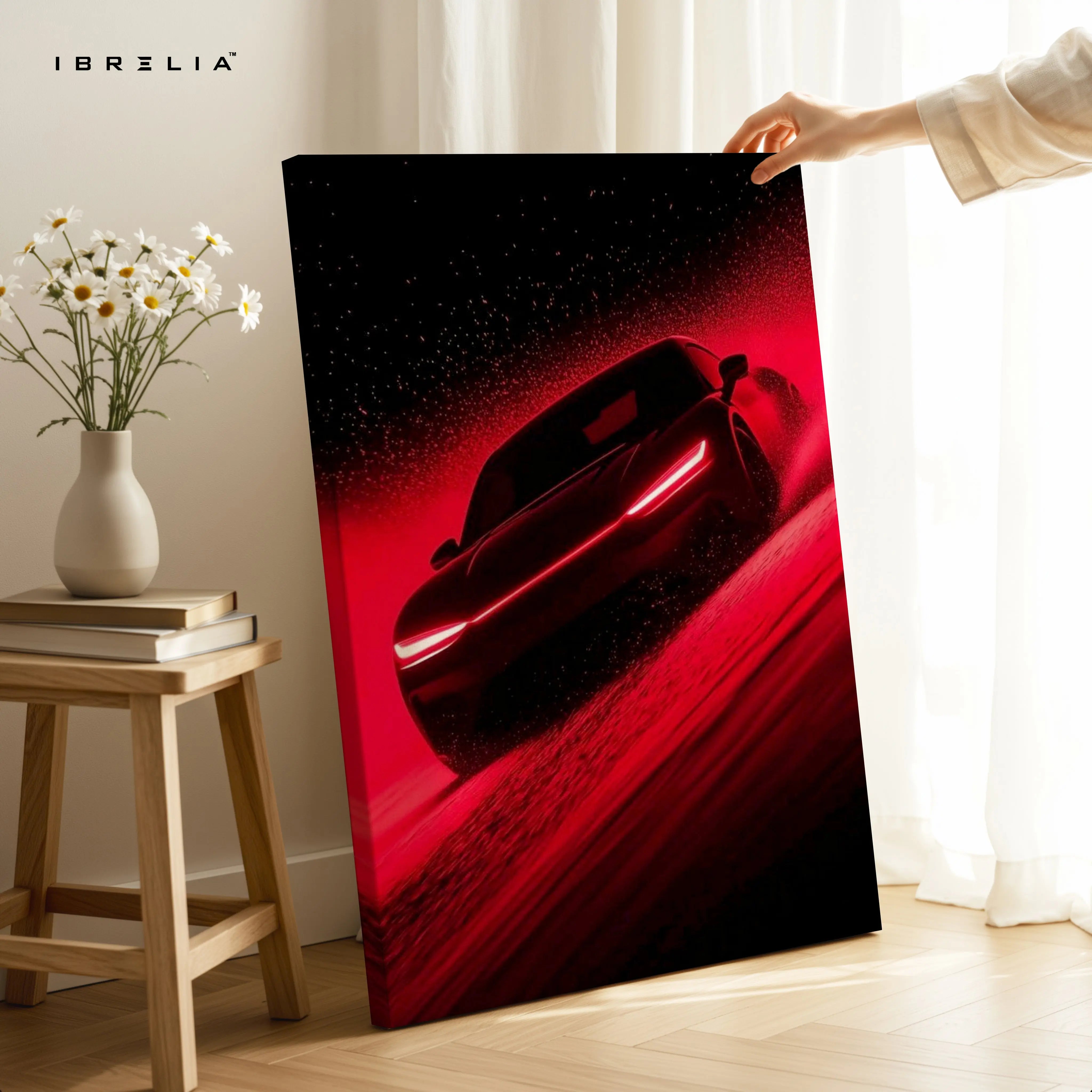 Red Supercar Motion Wall Art – Luxury Automotive Canvas Frame | Modern Sports Car Poster Pakistan | IBRELIA™ IBRELIA