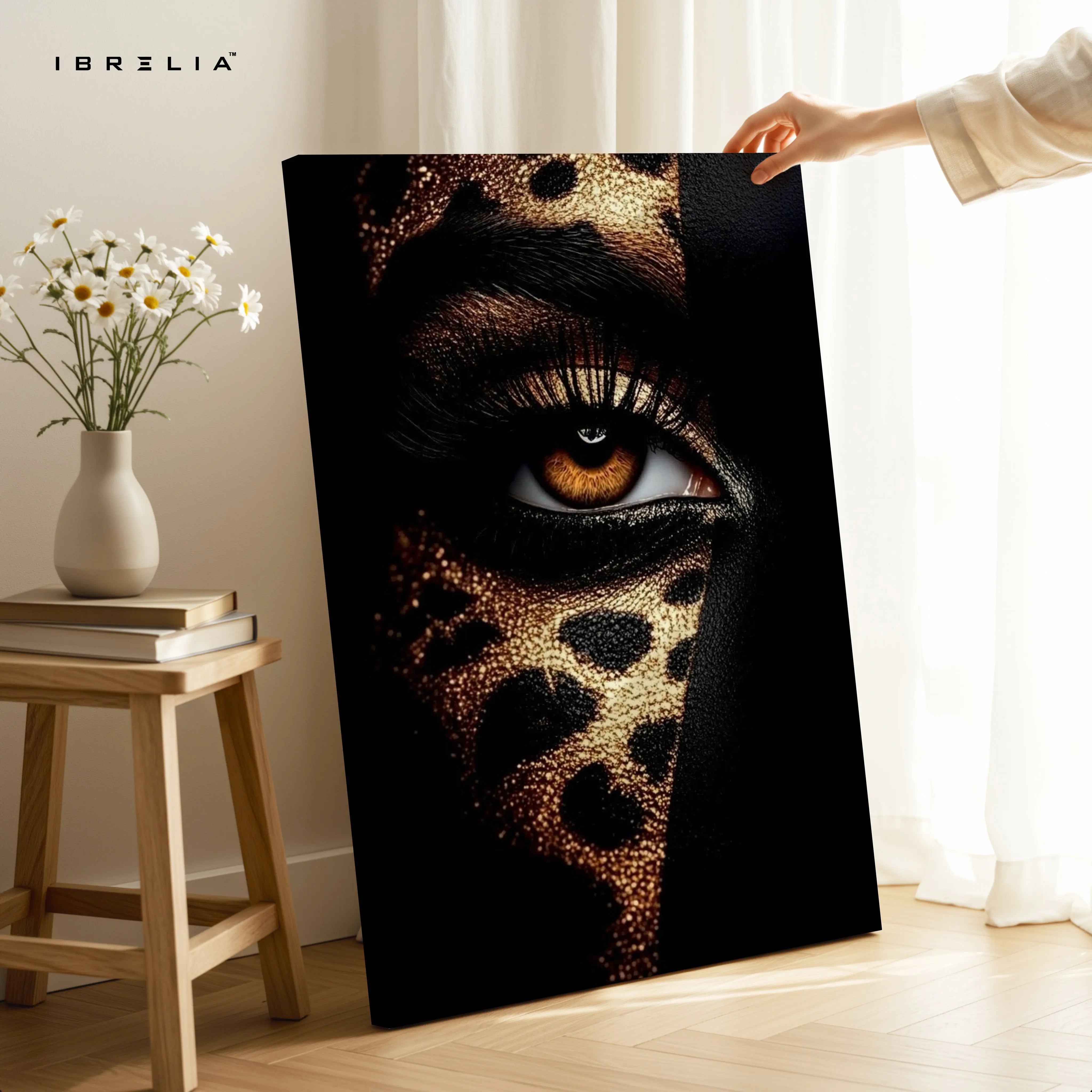 Golden Leopard Gaze Art – 4K Ultra Wrap Frame Wall Art in Pakistan | IBRELIA™ IBRELIA