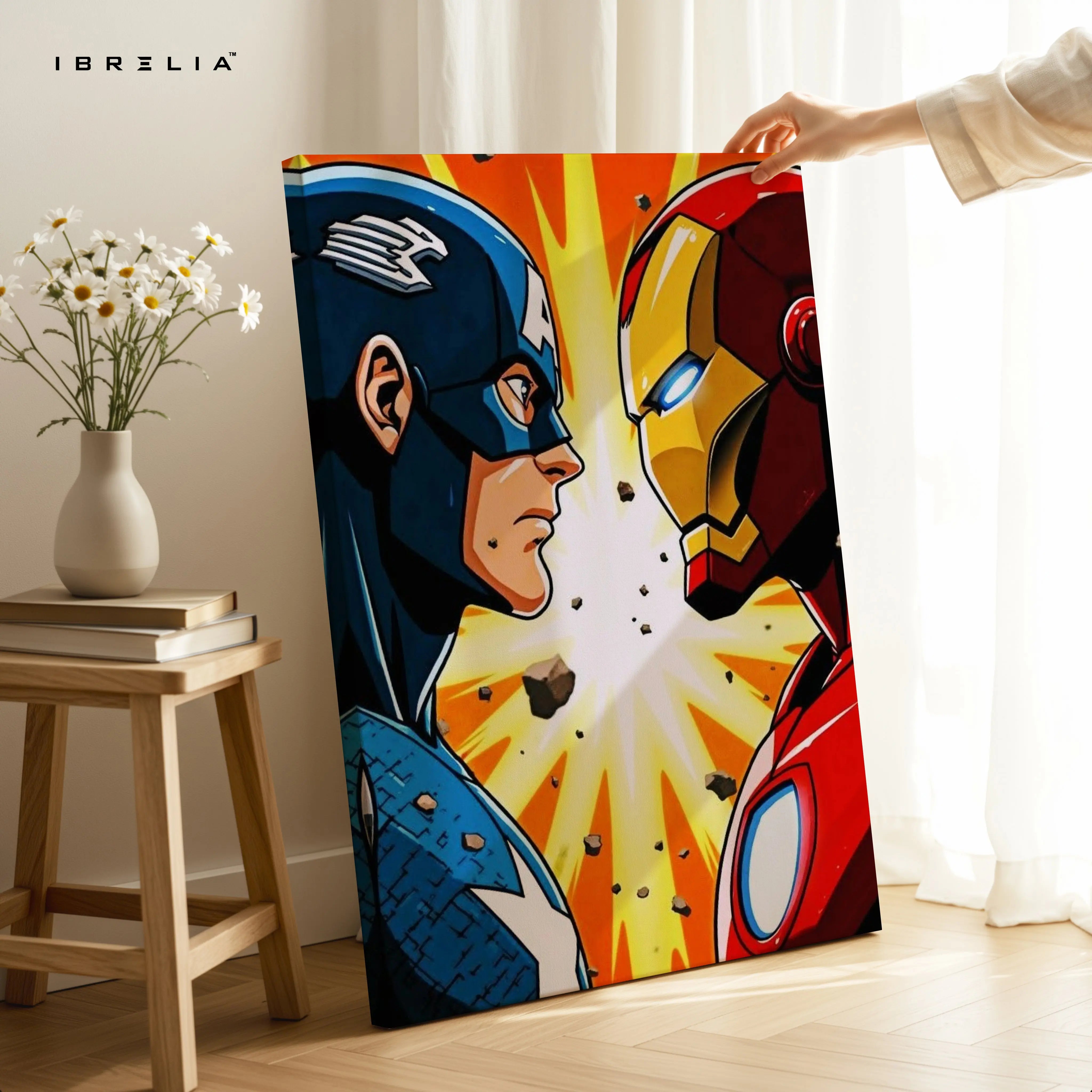 Heroes Face-Off Pop Art – Iconic Superhero Clash Wall Art | 4K Ultra Wrap Frame Wall Art in Pakistan | IBRELIA™ IBRELIA