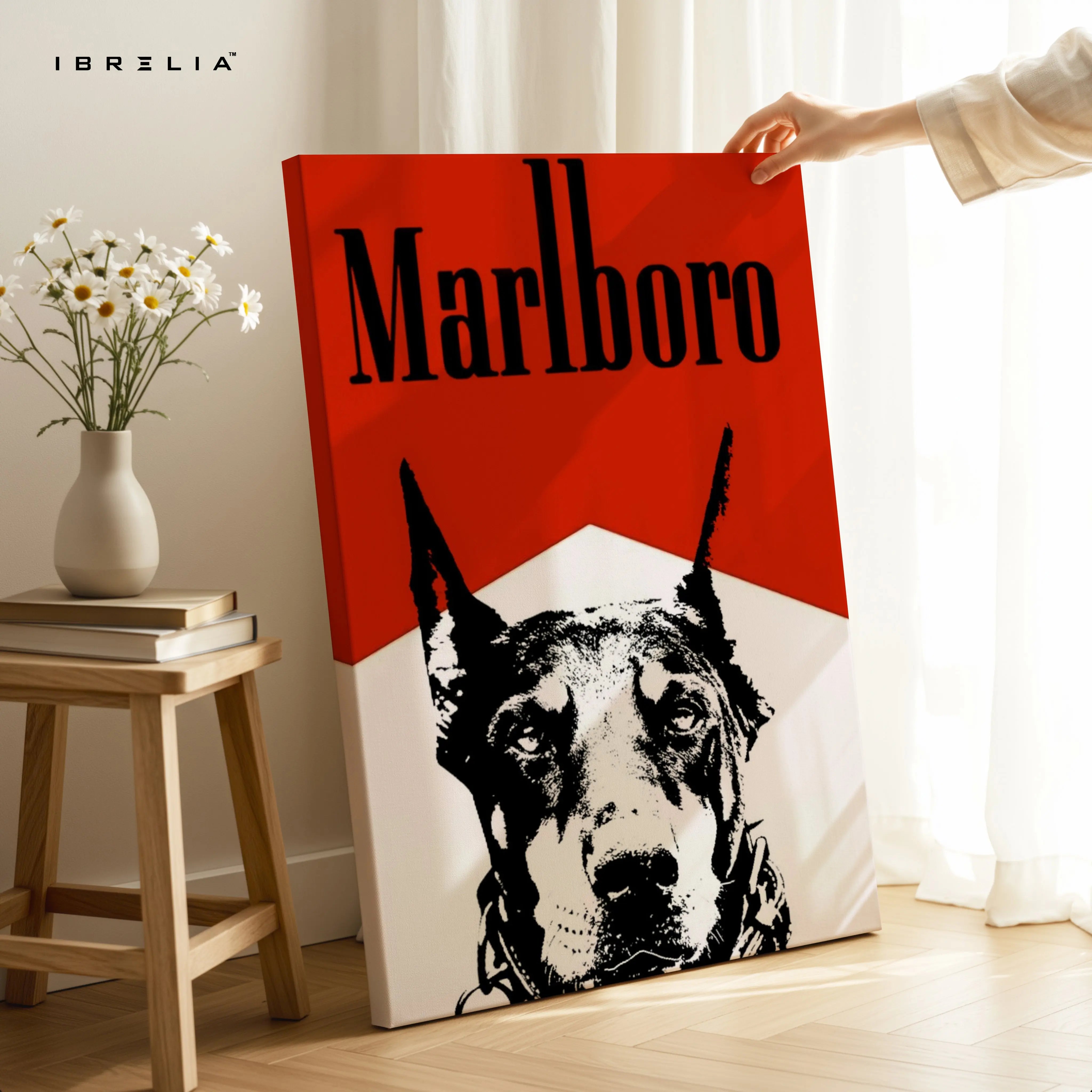 Doberman Vintage Poster Wall Art – Red Minimal Dog Canvas Frame | Retro Graphic Animal Poster Pakistan | IBRELIA™ IBRELIA