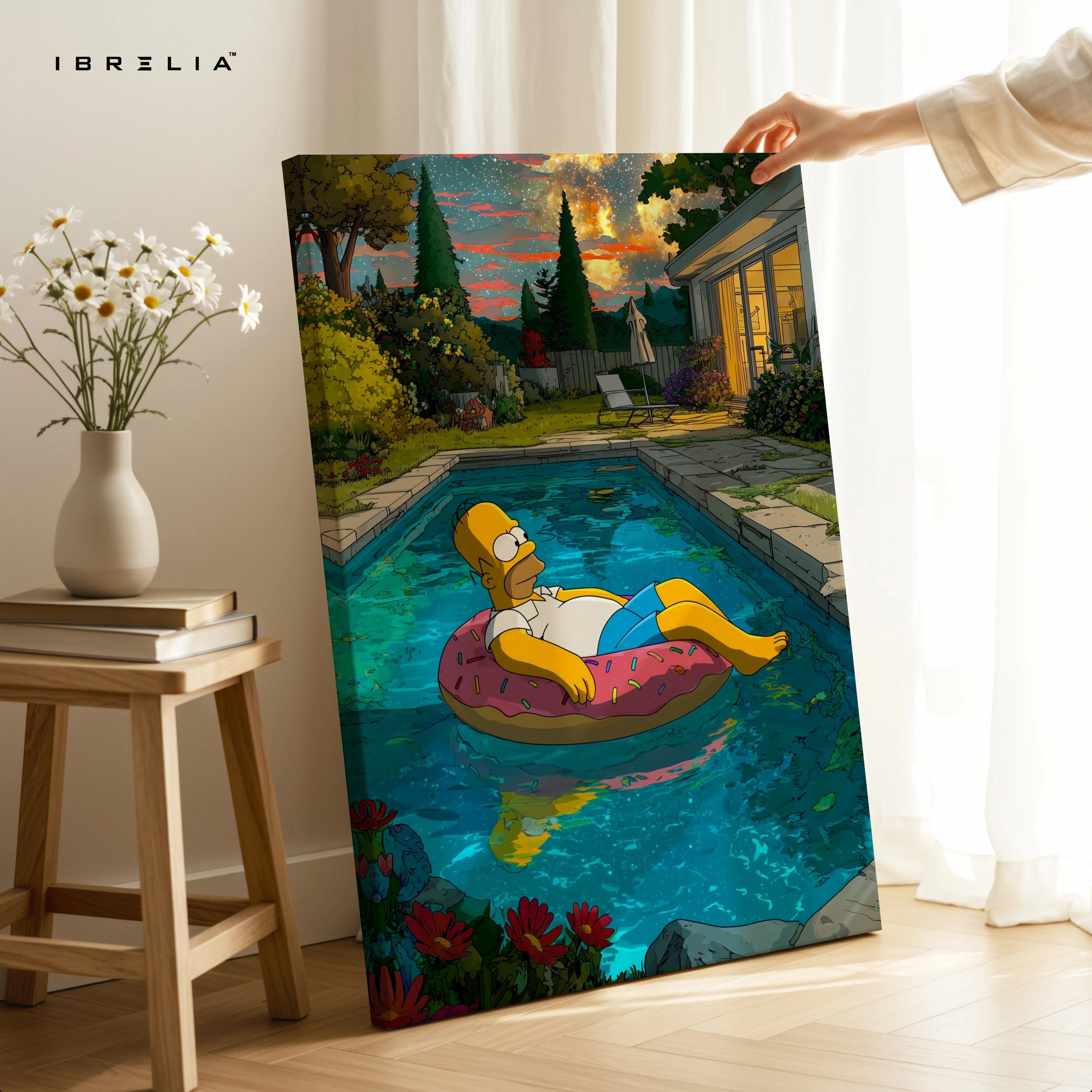 Homer Simpson Chill Pool Wall Art – Relaxing Cartoon Canvas Frame | Aesthetic Summer Vibes Decor Pakistan | IBRELIA™ IBRELIA