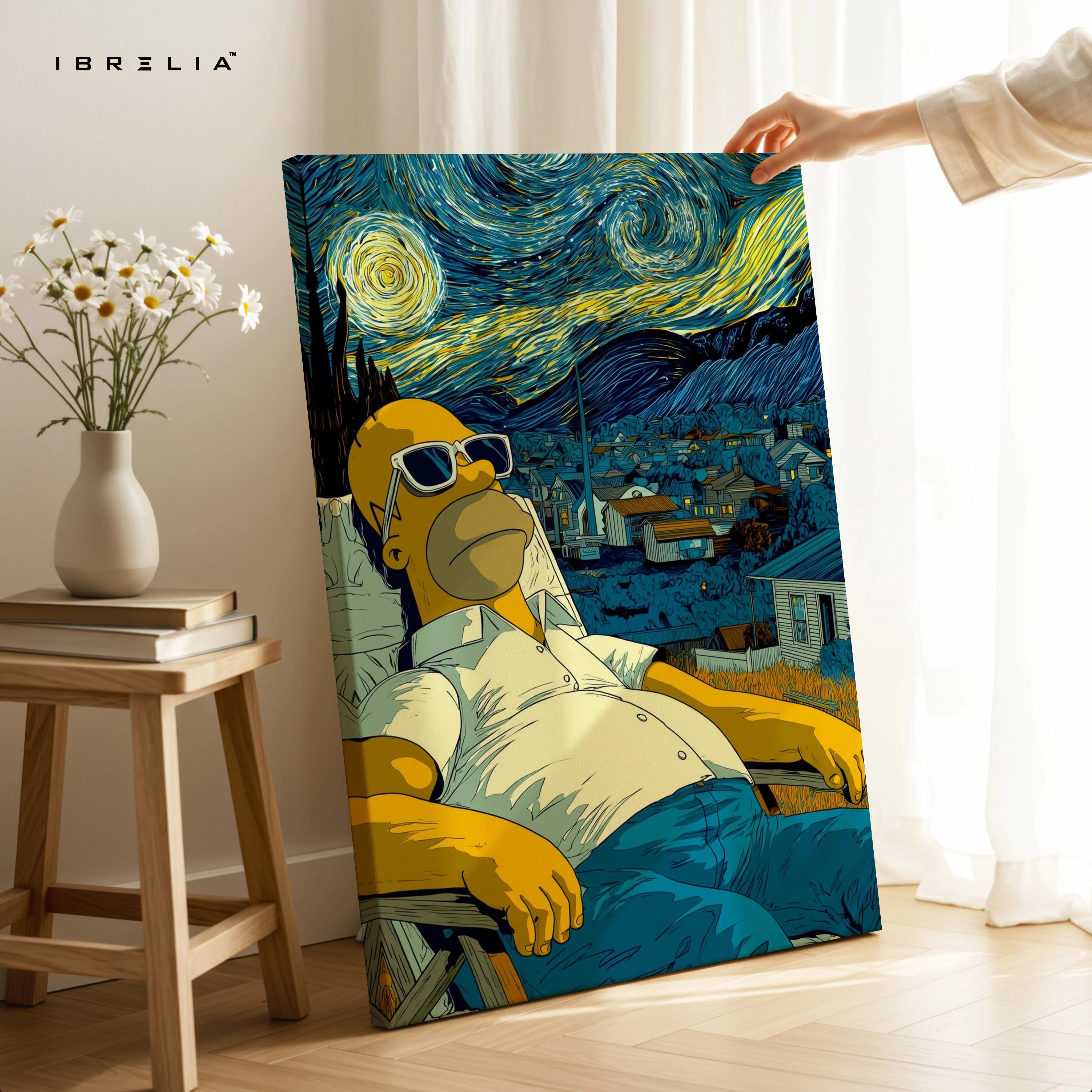 Starry Night Cartoon Relax Wall Art – Artistic Parody Canvas Frame | Aesthetic Chill Poster Pakistan | IBRELIA™ IBRELIA