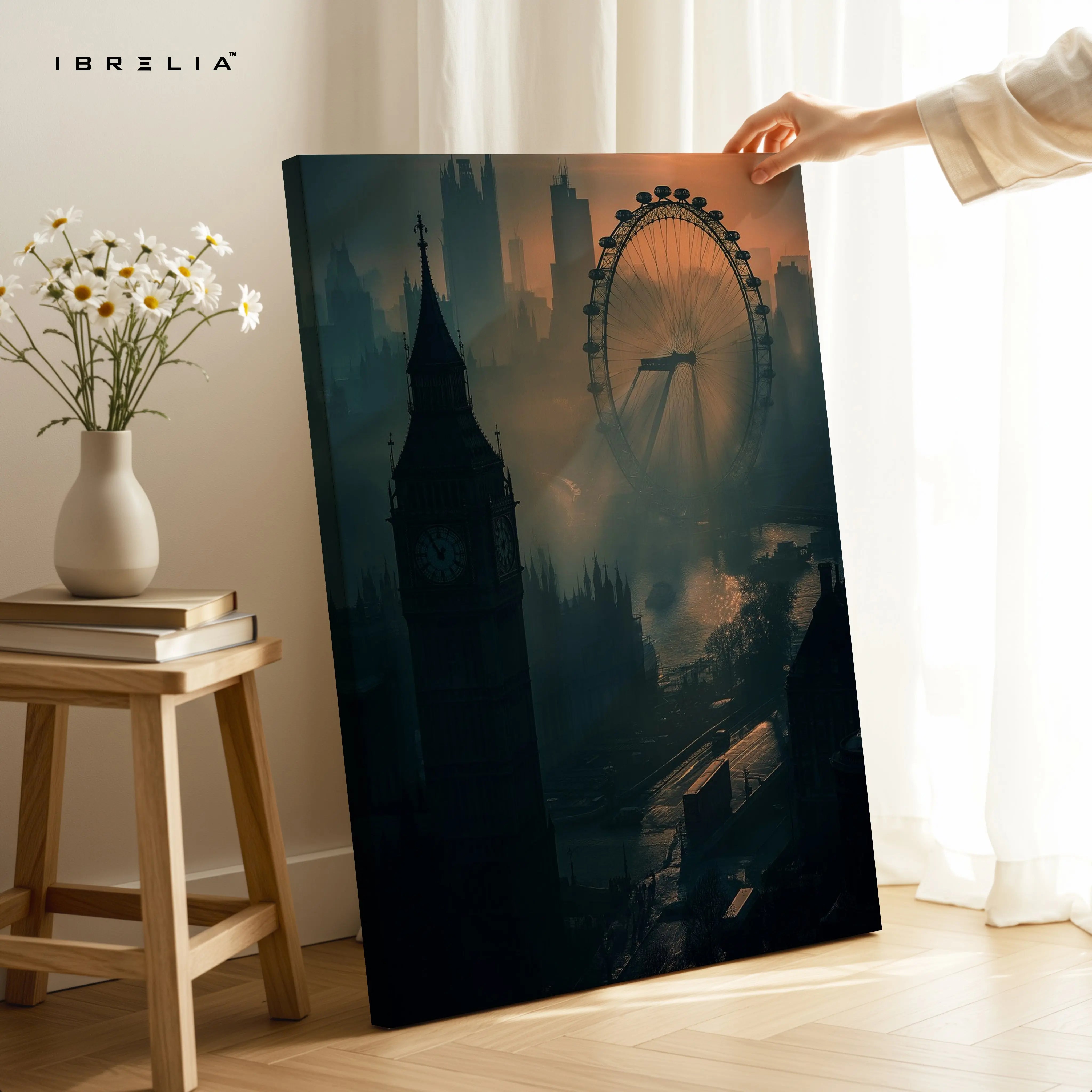 London Noir Skyline Art – Big Ben & London Eye Cinematic Wall Art | 4K Ultra Wrap Frame Wall Art in Pakistan | IBRELIA™ IBRELIA