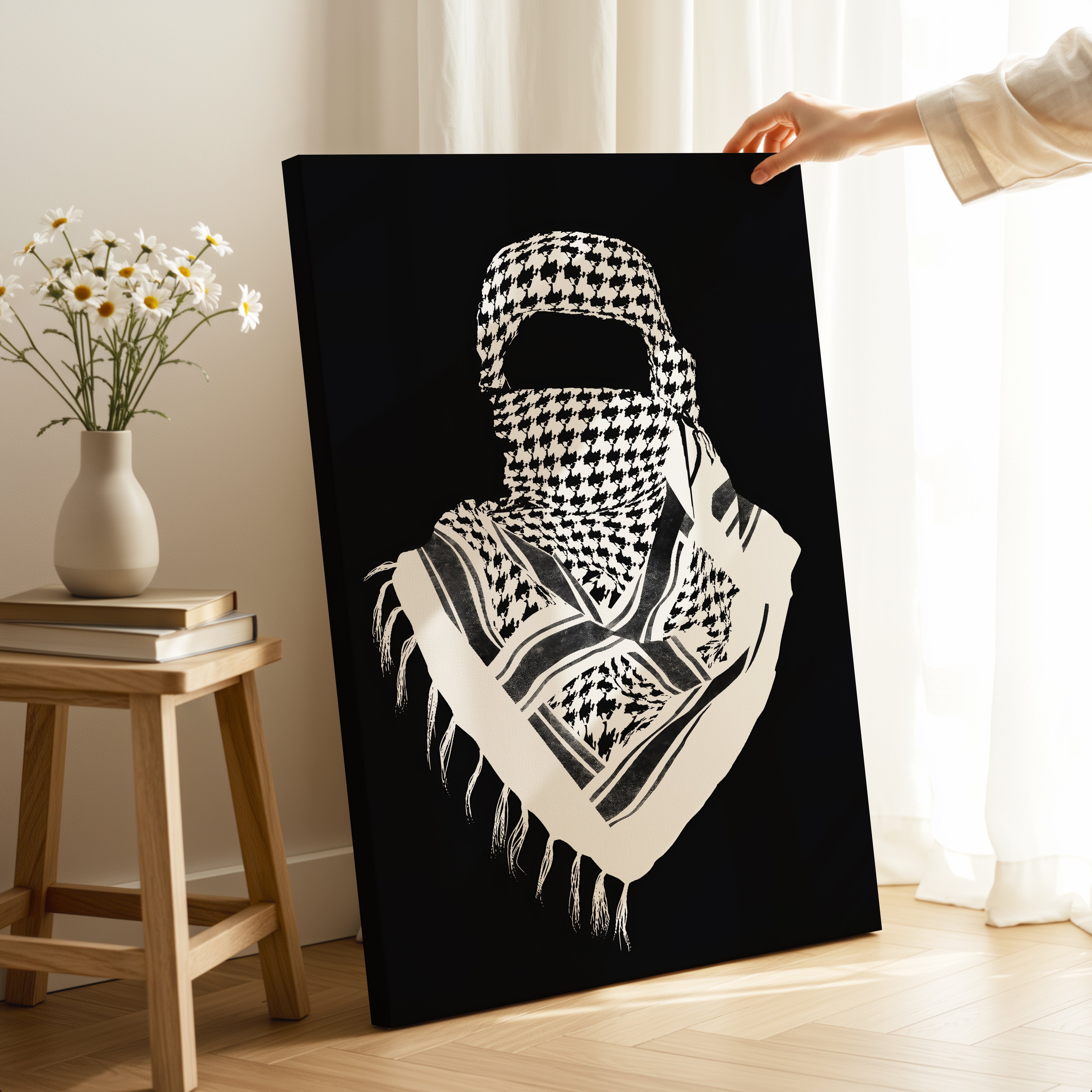 Palestinian Keffiyeh Resistance Art – Minimal Black & White Solidarity Wall Art | 4K Ultra Wrap Frame Wall Art in Pakistan | IBRELIA™