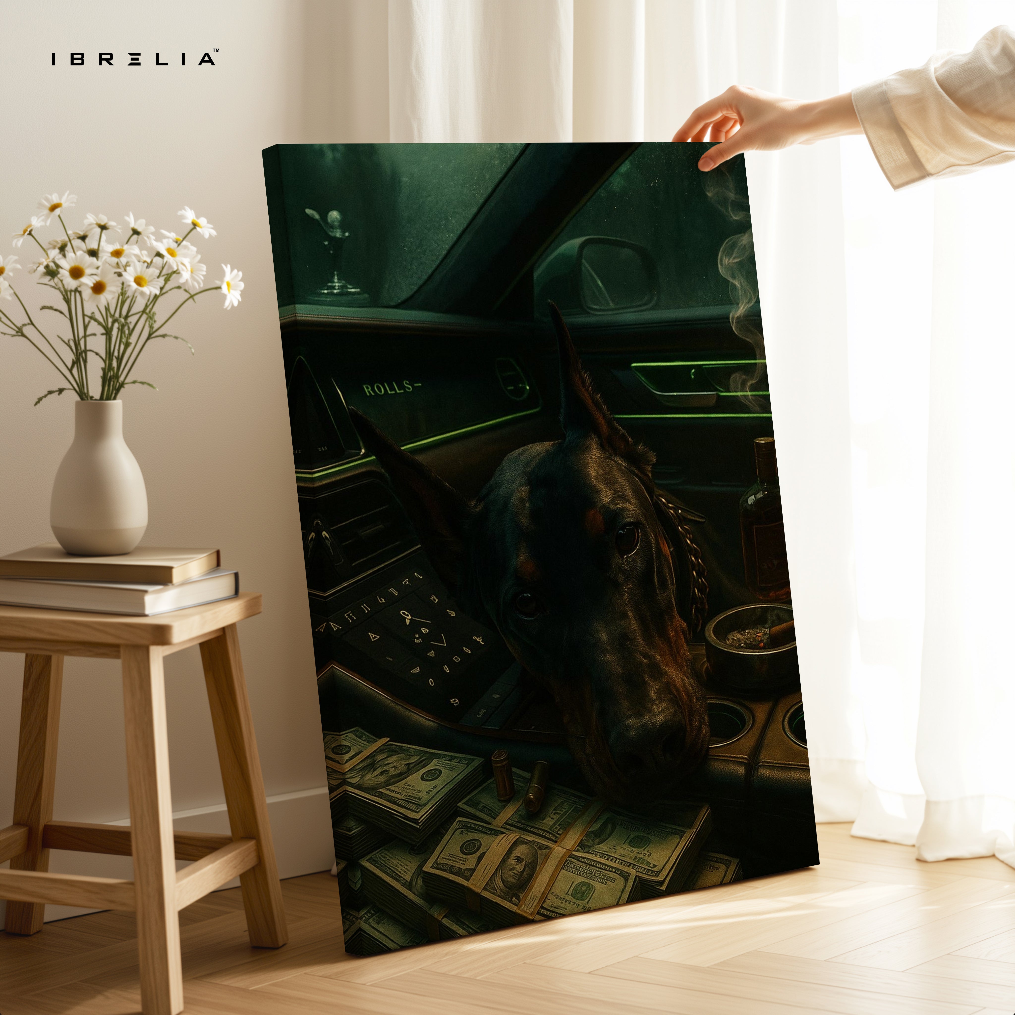 Luxury Doberman in Rolls Royce – 4K Ultra Wrap Frame Wall Art in Pakistan | IBRELIA™