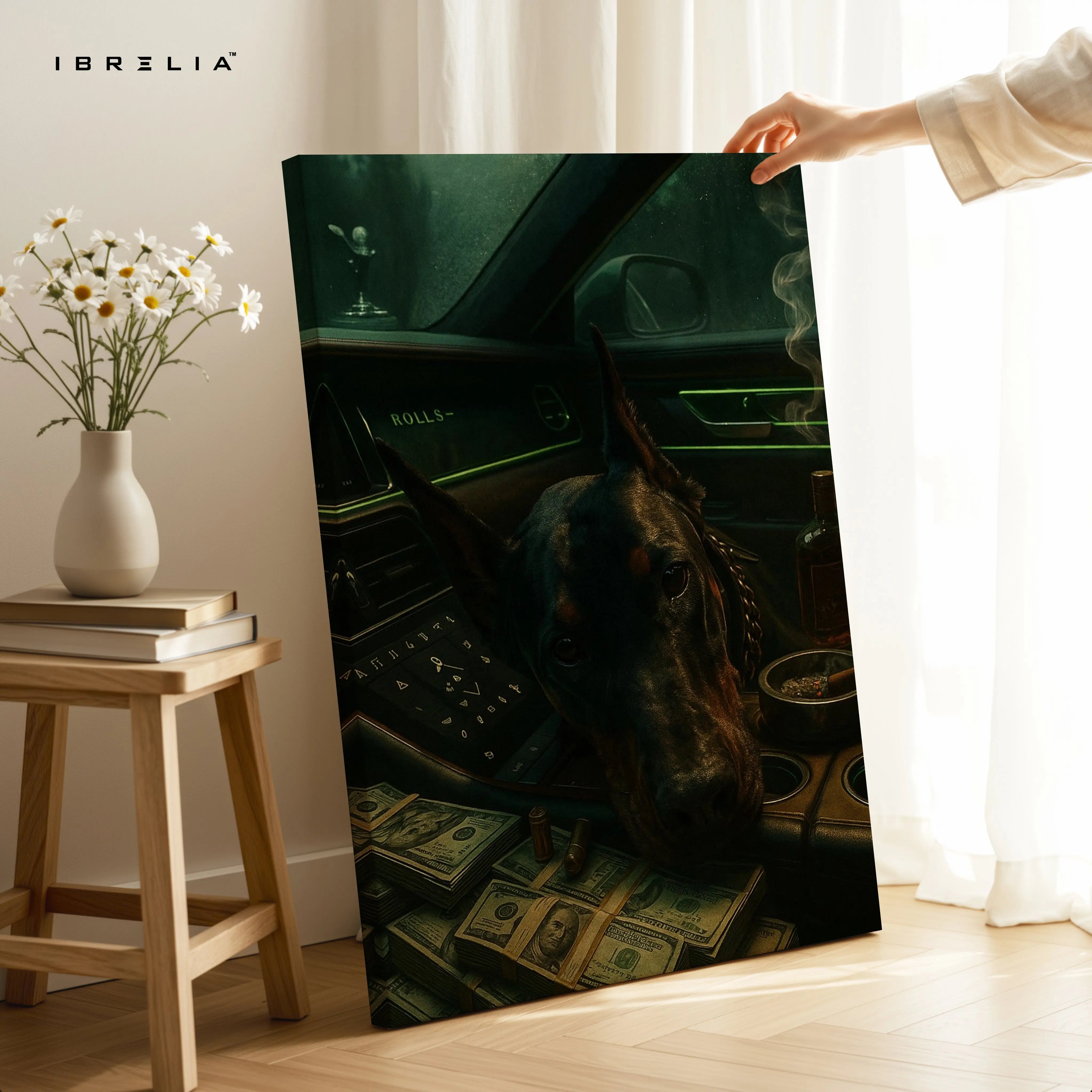 Luxury Doberman in Rolls Royce – 4K Ultra Wrap Frame Wall Art in Pakistan | IBRELIA™ IBRELIA