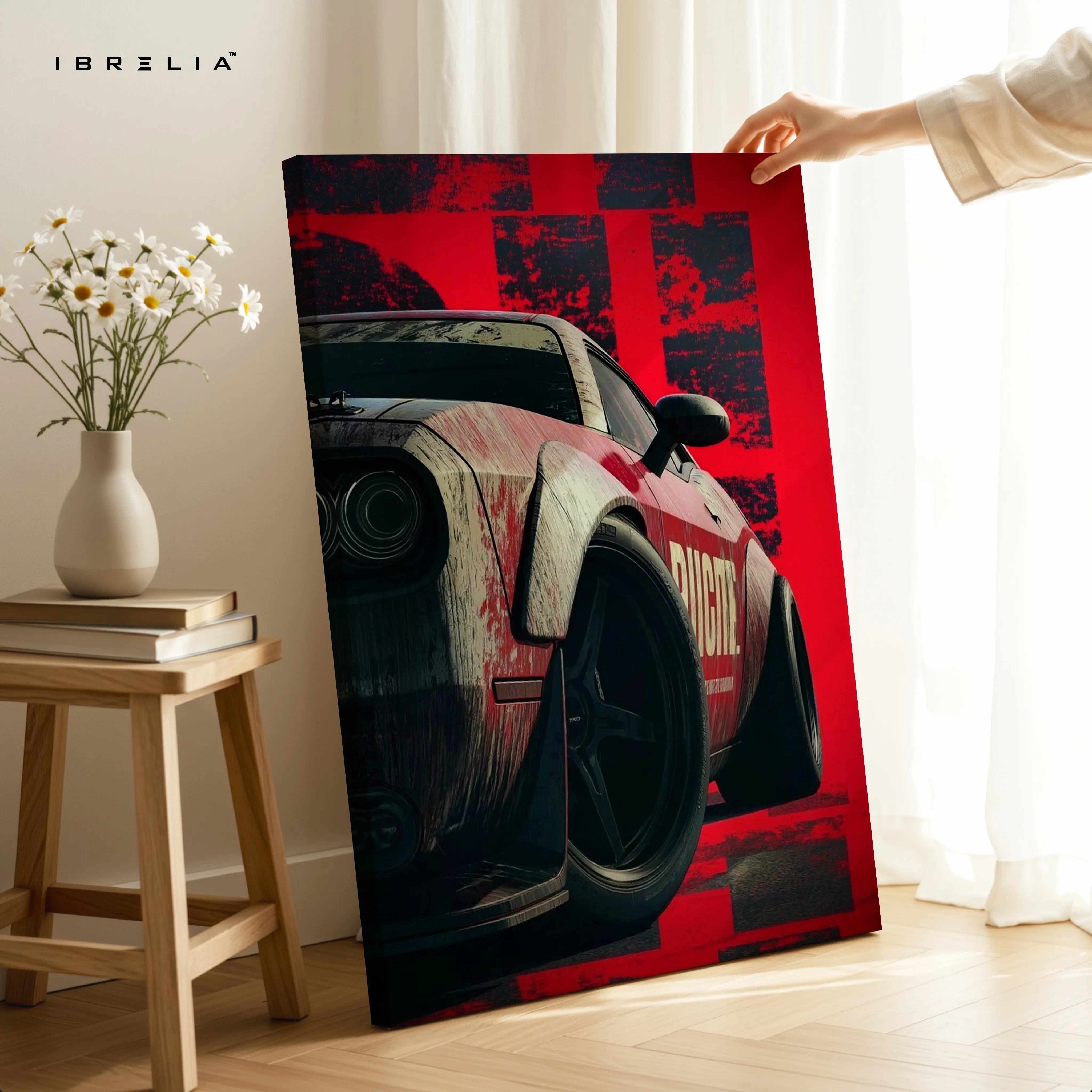 Red Muscle Car Power Wall Art – Racing Drift Automotive Canvas Frame | Aggressive Sports Car Poster Pakistan | IBRELIA™ IBRELIA