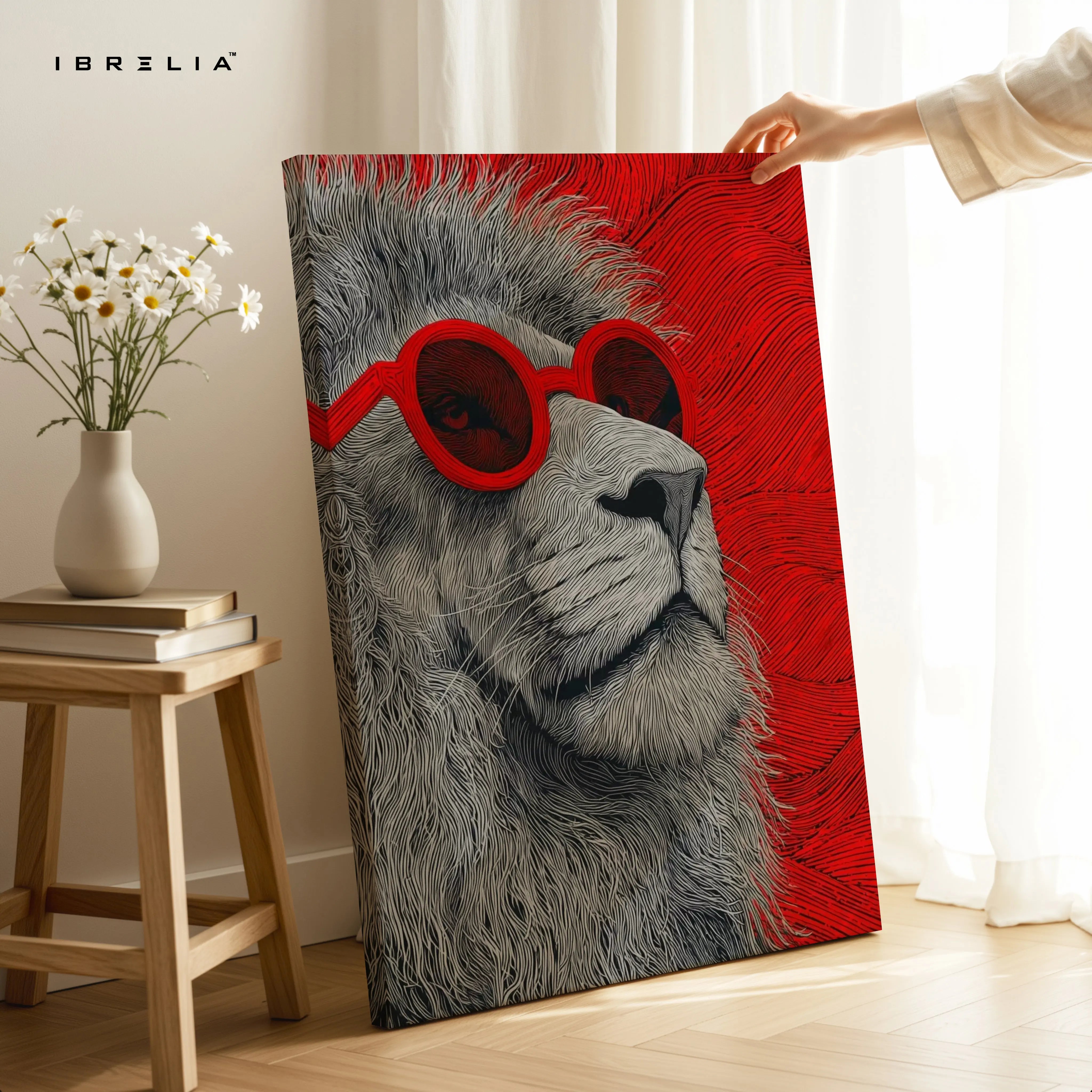Cool Lion Pop Art with Red Glasses – 4K Ultra Wrap Frame Wall Art in Pakistan | IBRELIA™ IBRELIA